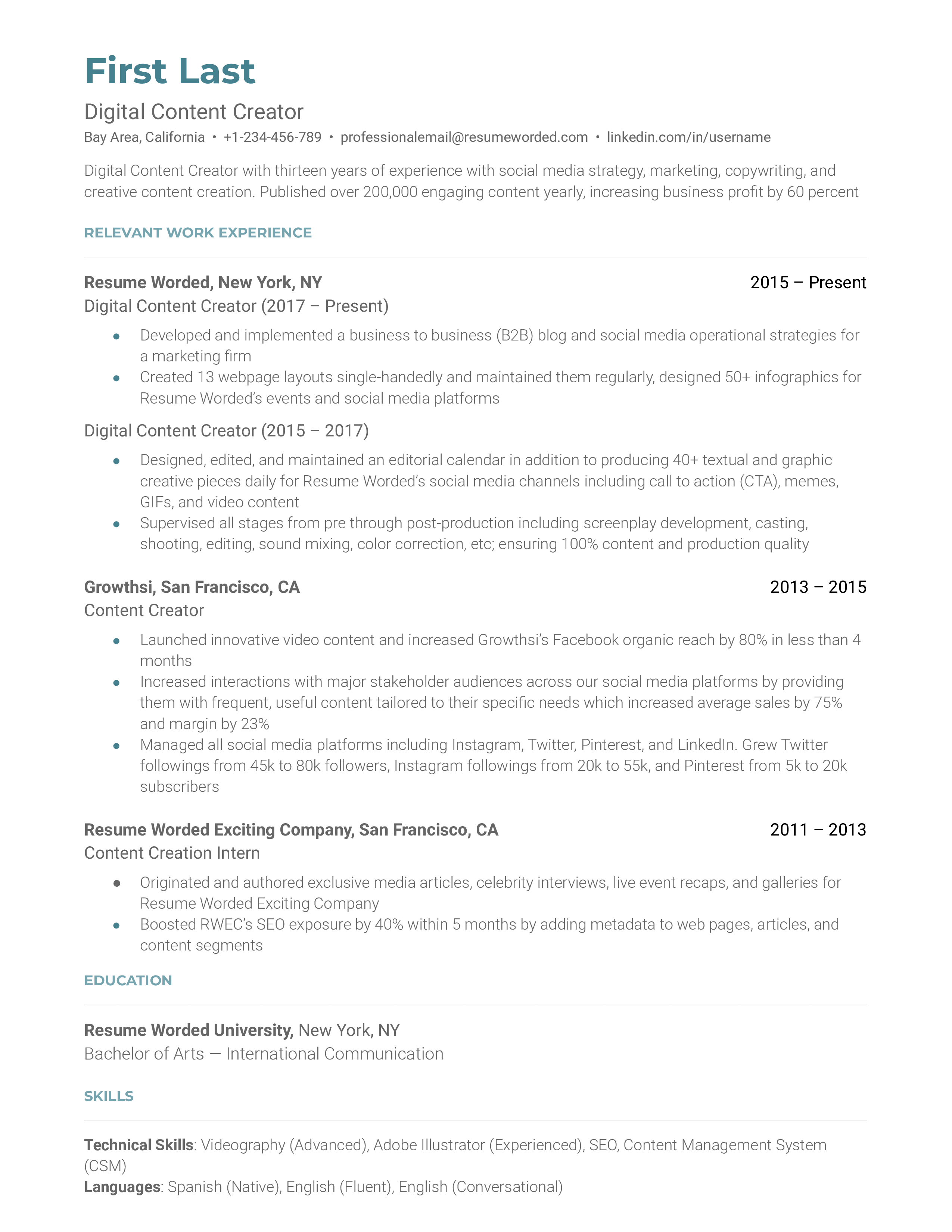 Digital content creator resume sample that highlights applicant's value addition and digital related skills.