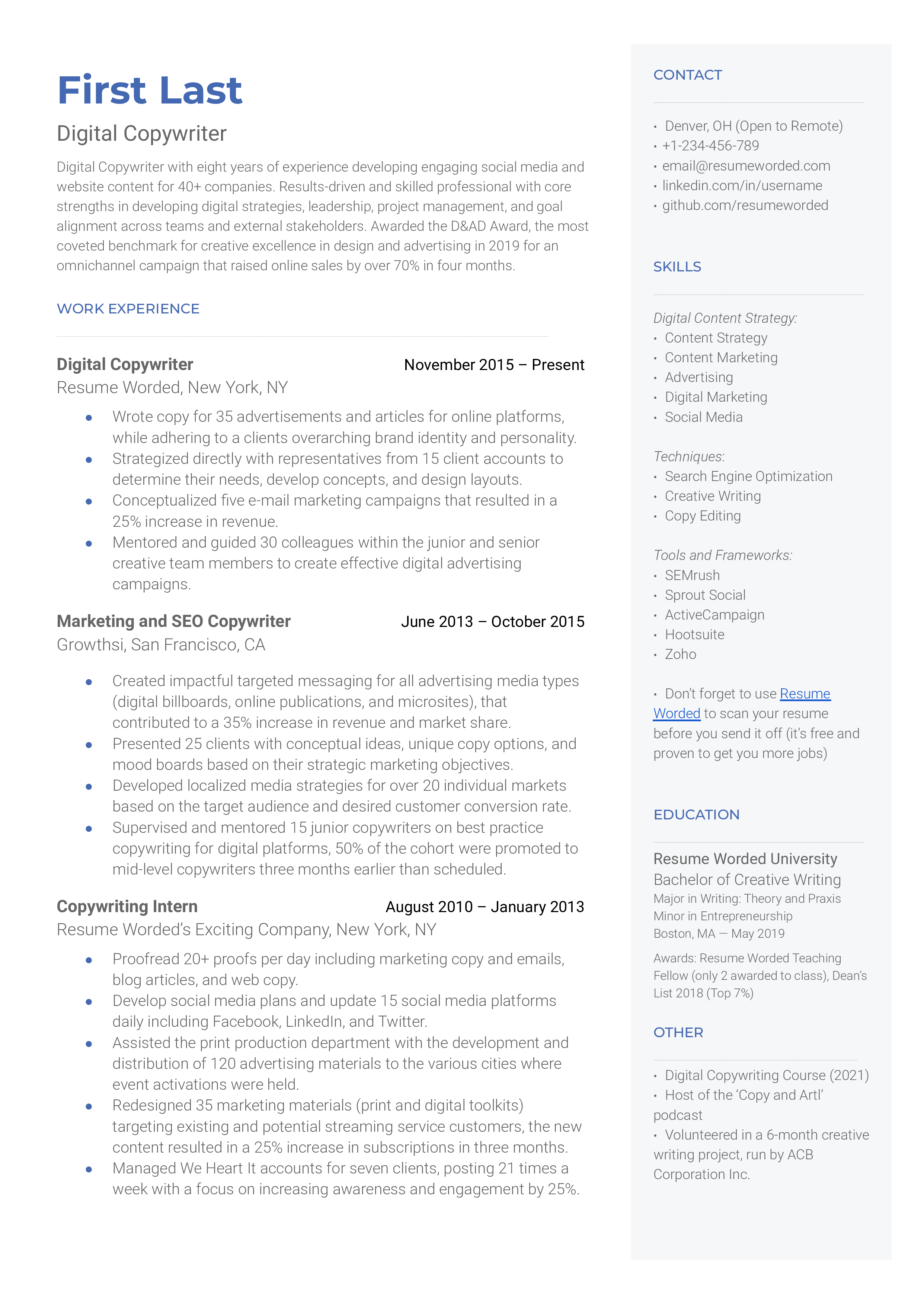 A well-structured Digital Copywriter CV showcasing skills, experience, and quantifiable achievements.