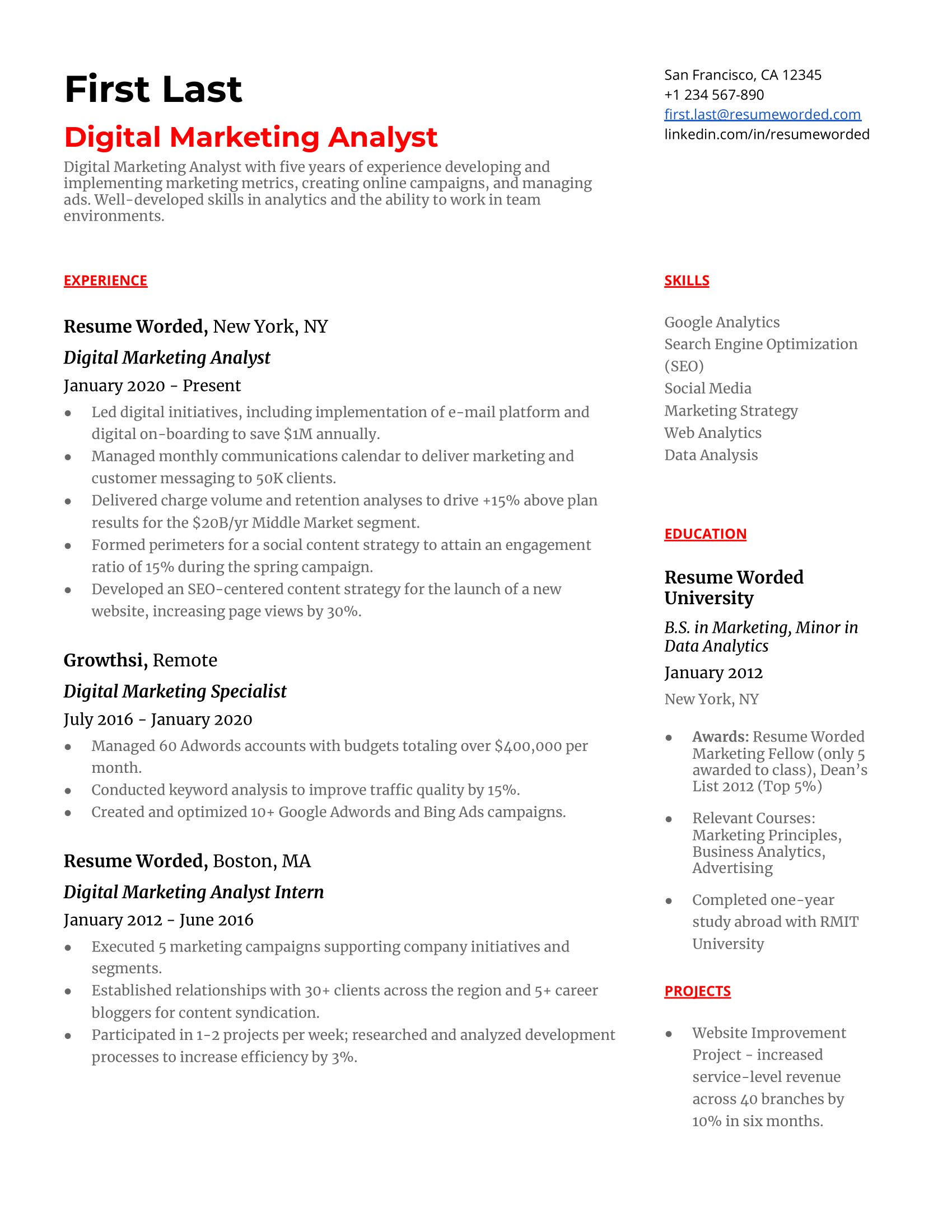 A digital marketing analyst resume that showcases experience analyzing market trends, supported by relevant hard skills and education.