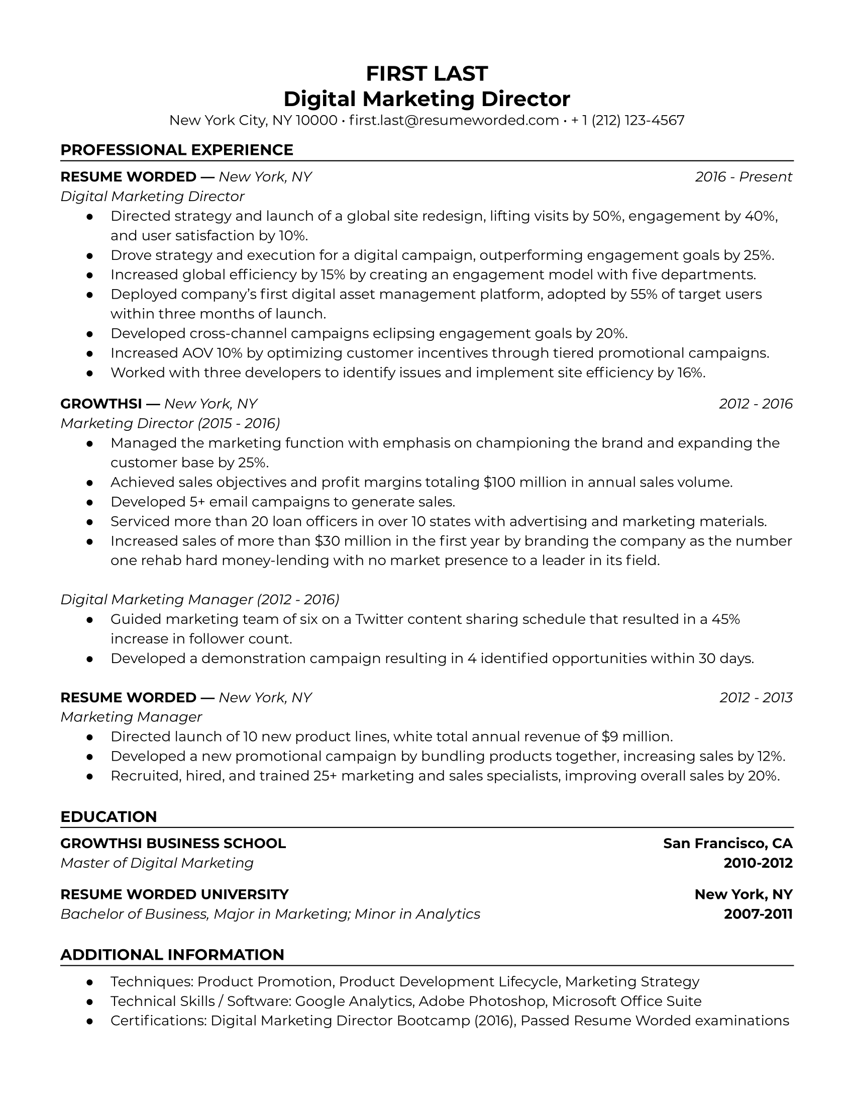 A digital marketing director resume that showcases strong experience in management, shows promotions,relevant education, hard skills, and certifications. 