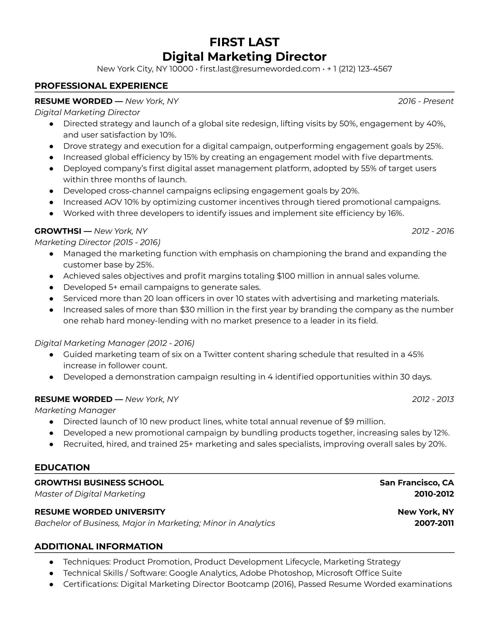 Digital Marketing Director Resume Sample