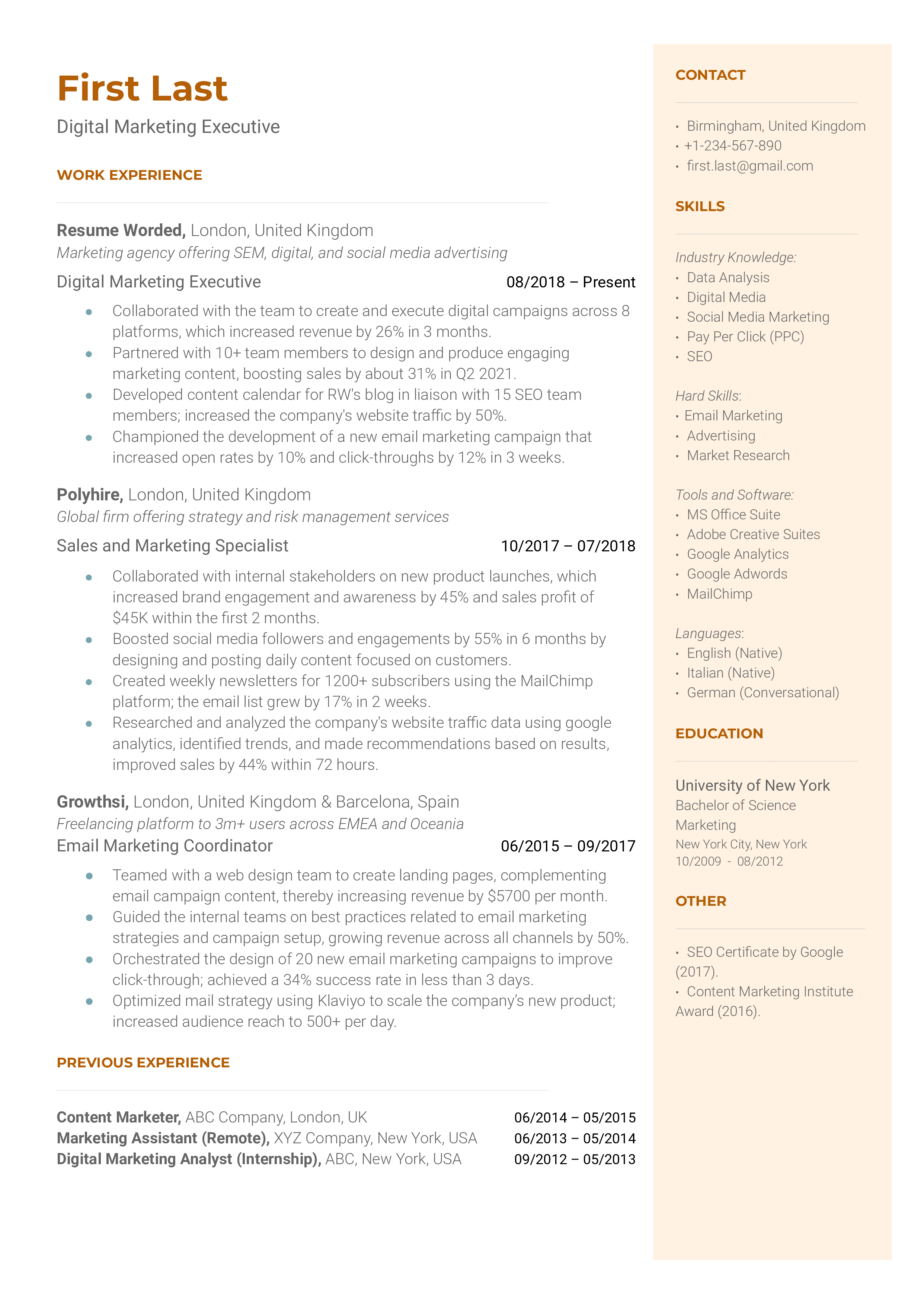 A digital marketing executive resume template that emphasizes technical skills. 