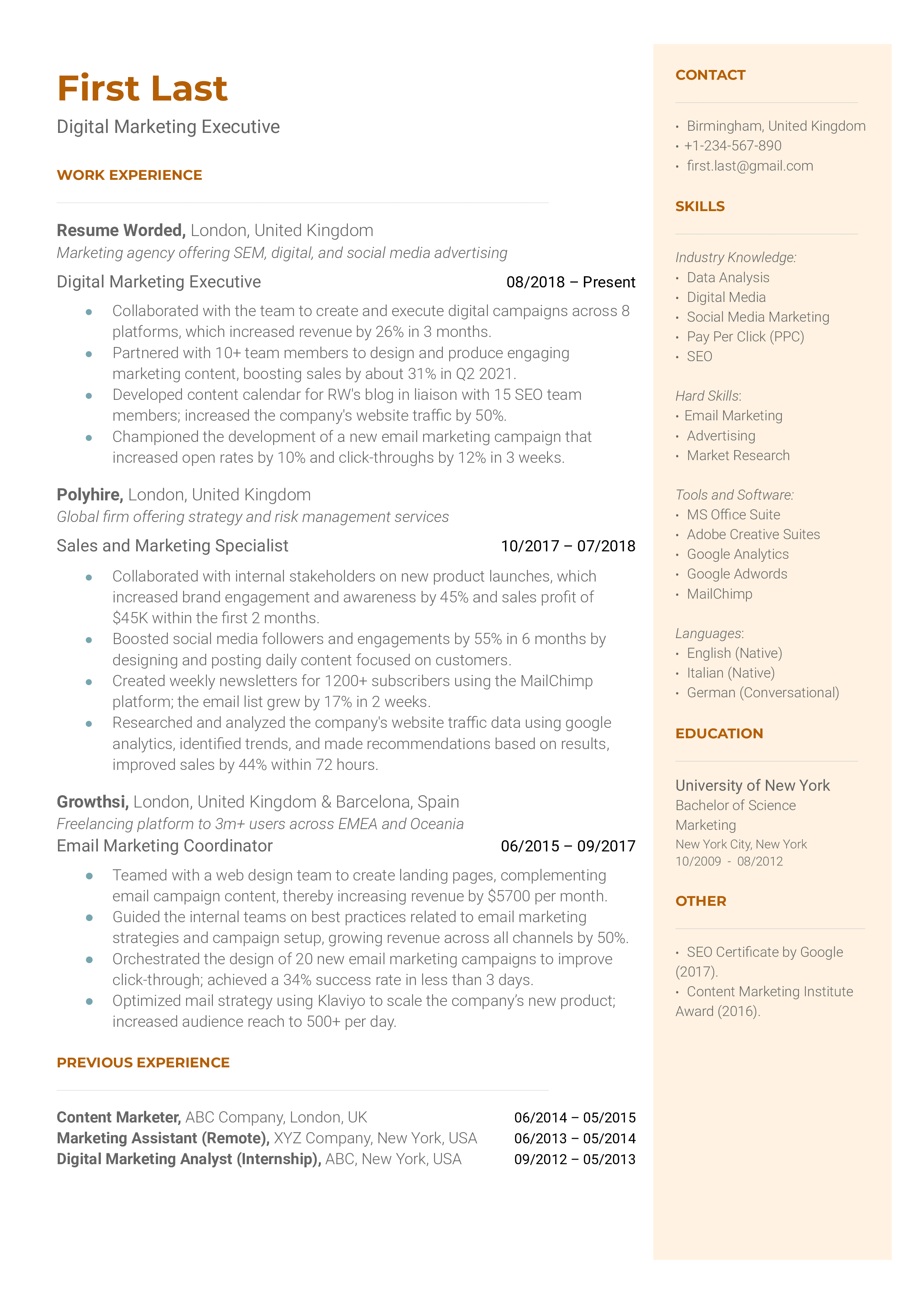 Digital Marketing Executive  Resume Sample