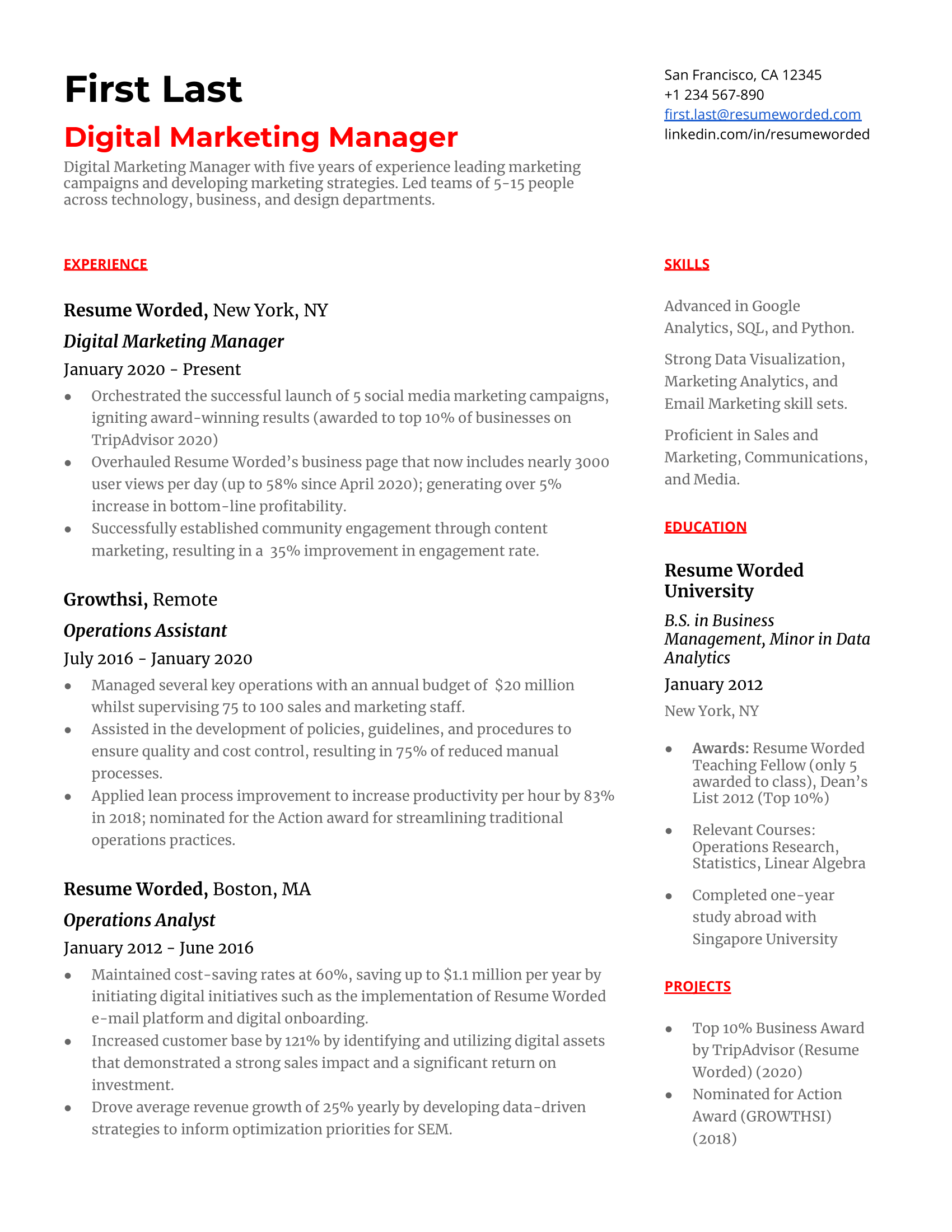A digital marketing manager resume template using strong action verbs. 