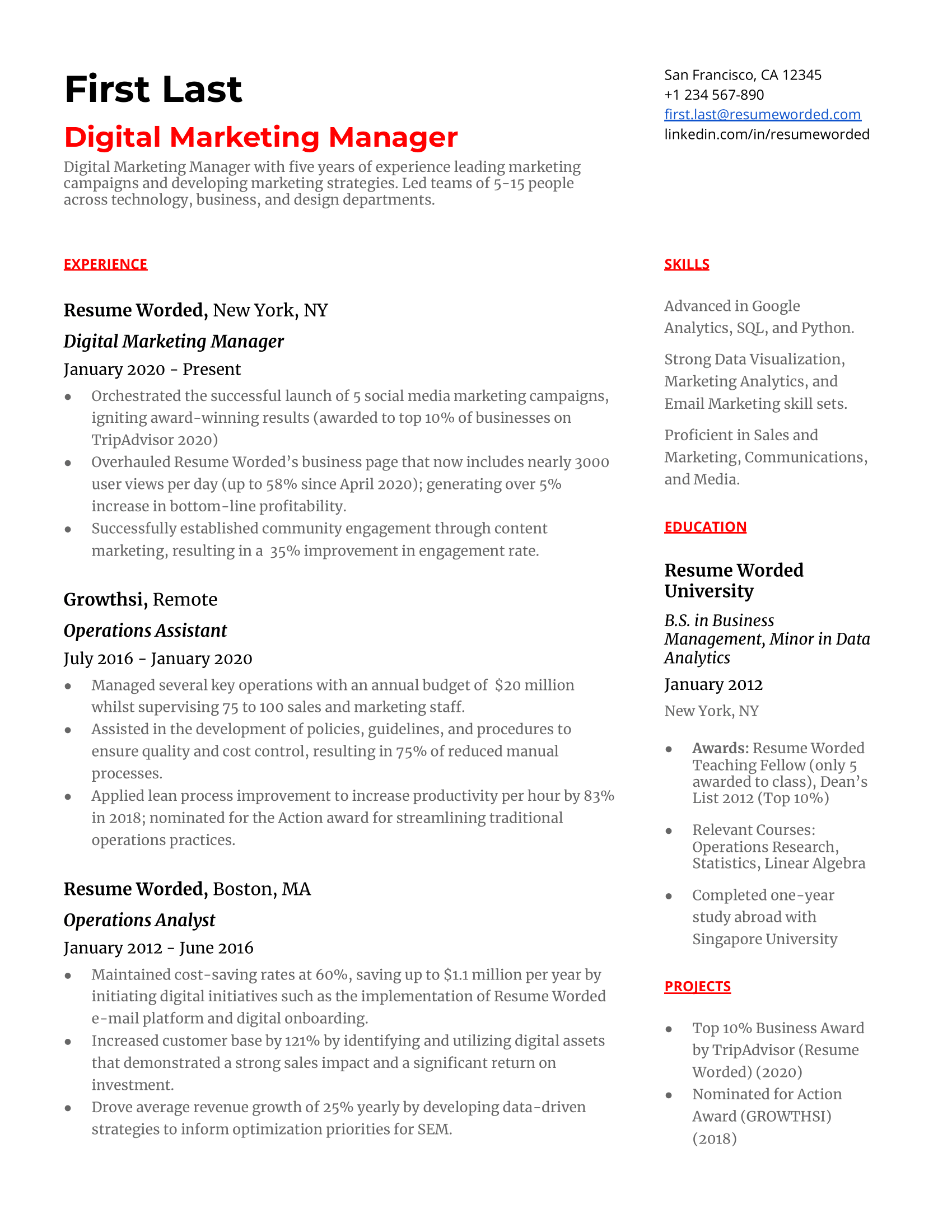 Digital Marketing Manager Resume Example For 2021 Resume Worded Resume Worded