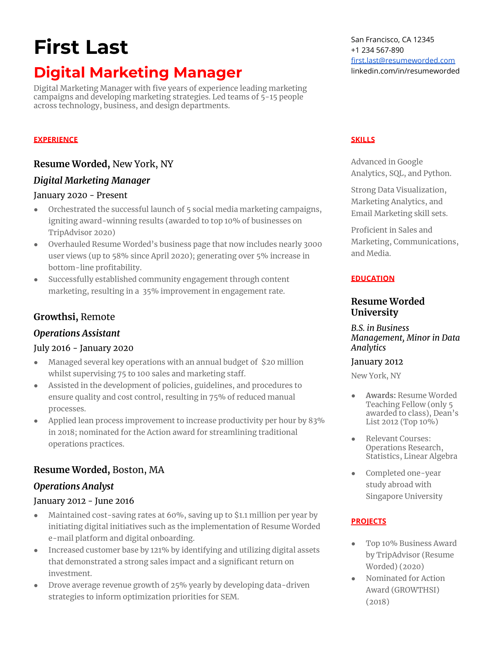 A digital marketing manager resume template that combines professional management and digital marketing experience, relevant education, and transferable hard skills. 