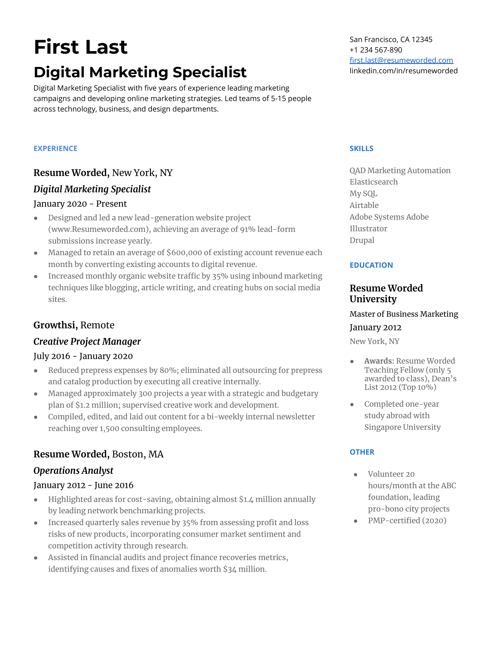 A clean, detailed CV of a digital marketing specialist highlighting their relevant skills and certifications.