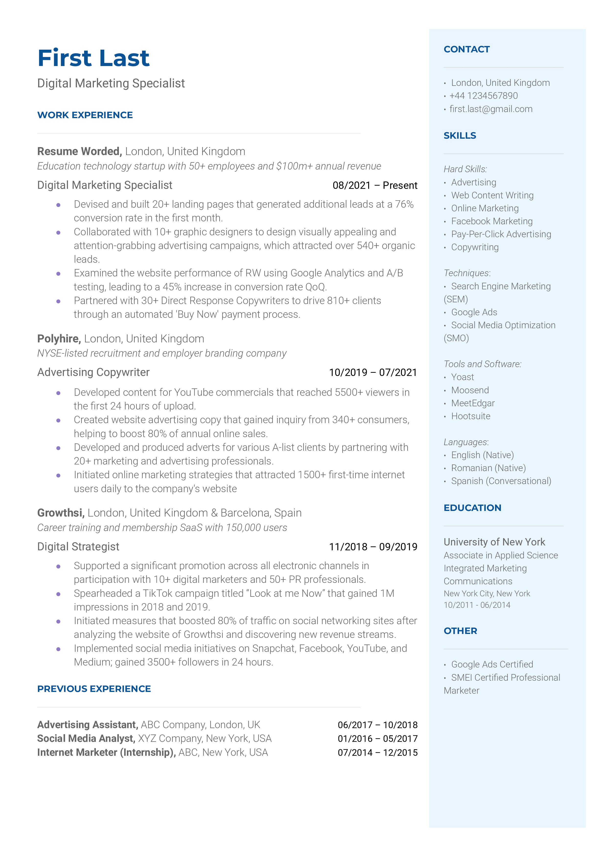 Screenshot of a Digital Marketing Specialist's CV showcasing tools proficiency and multichannel campaign management.