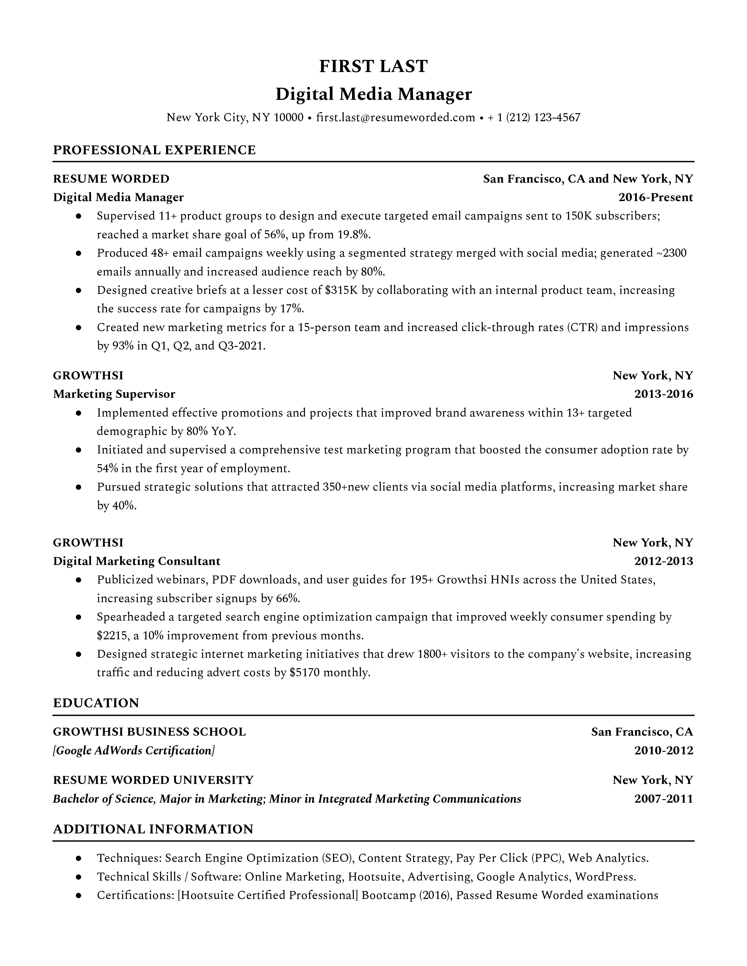 Resume of a digital media manager role, with senior management experience and leading a media team