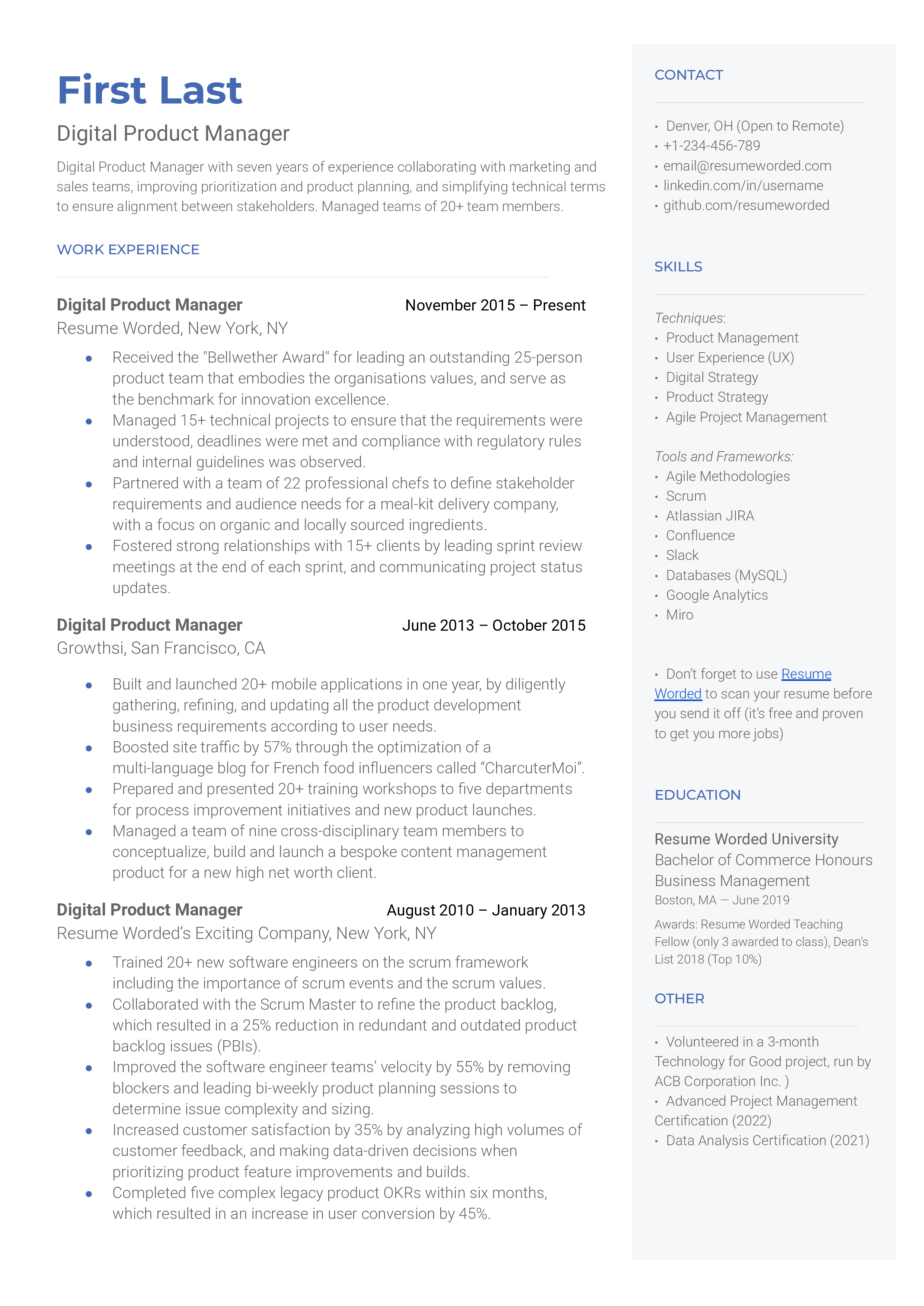 Digital product manager resume sample that highlight’s the applicant’s digital experience and management styles.