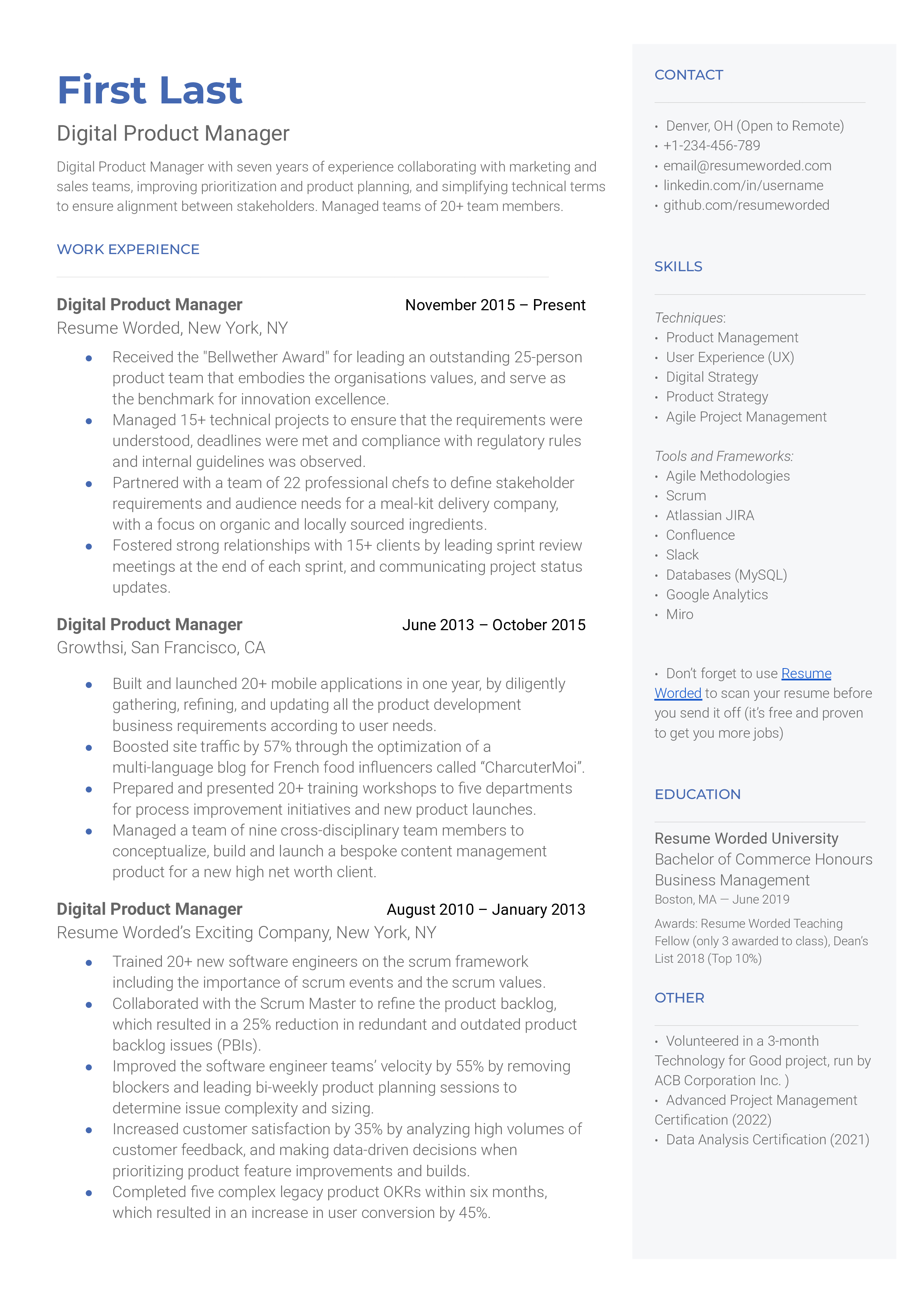 Digital Product Manager Resume Sample