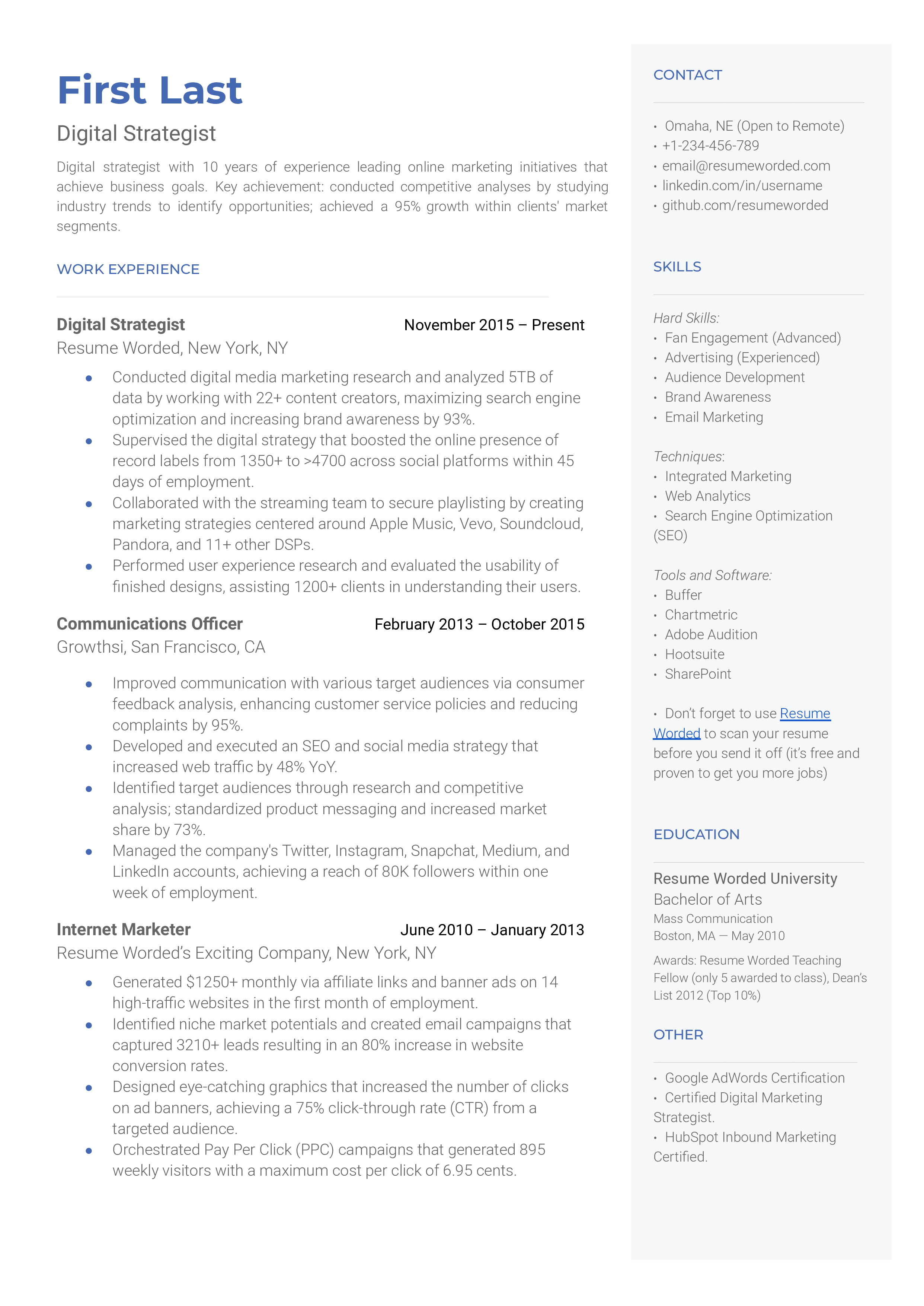 A well-crafted CV for a Digital Strategist role.