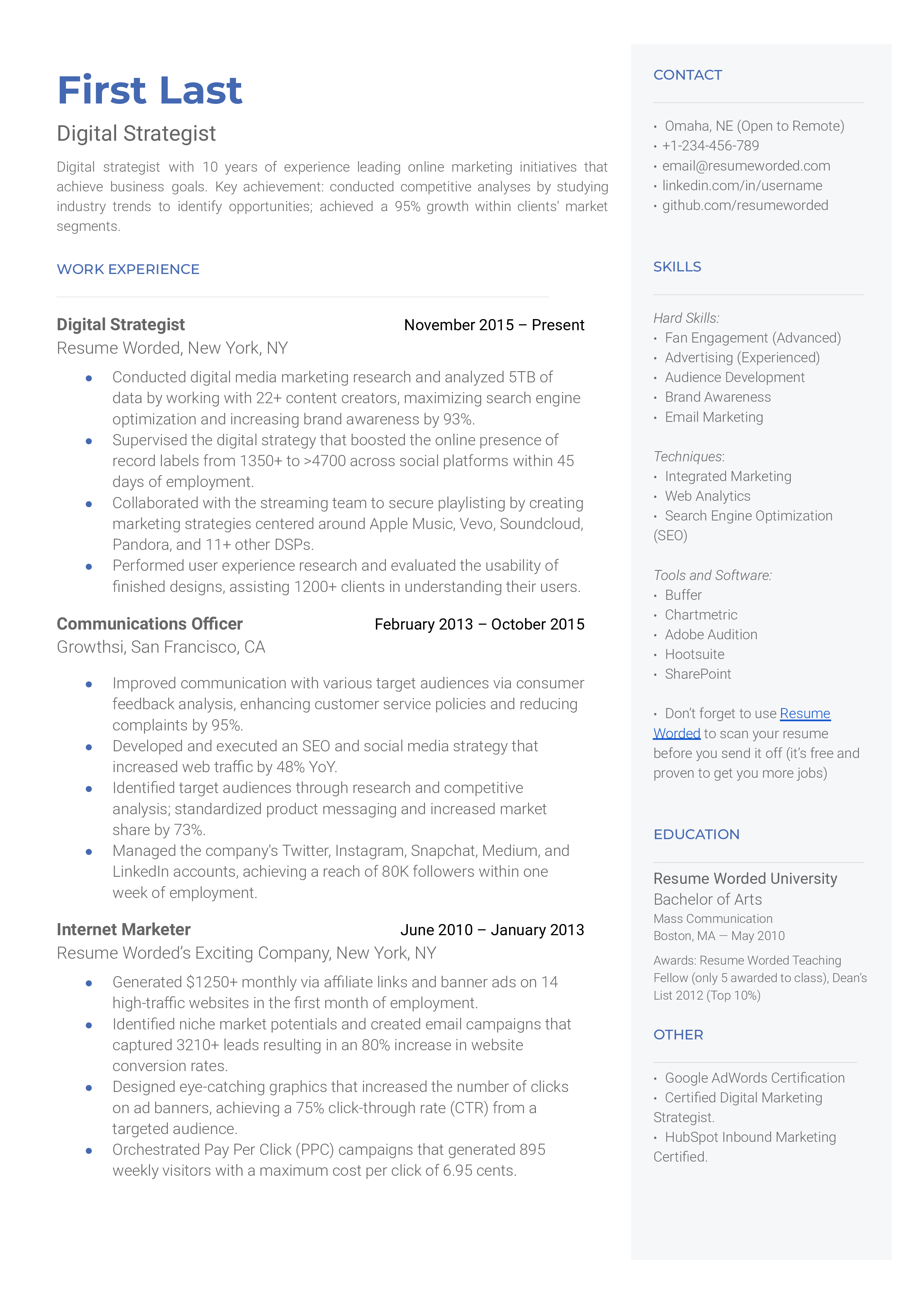 Digital Strategist Resume Sample