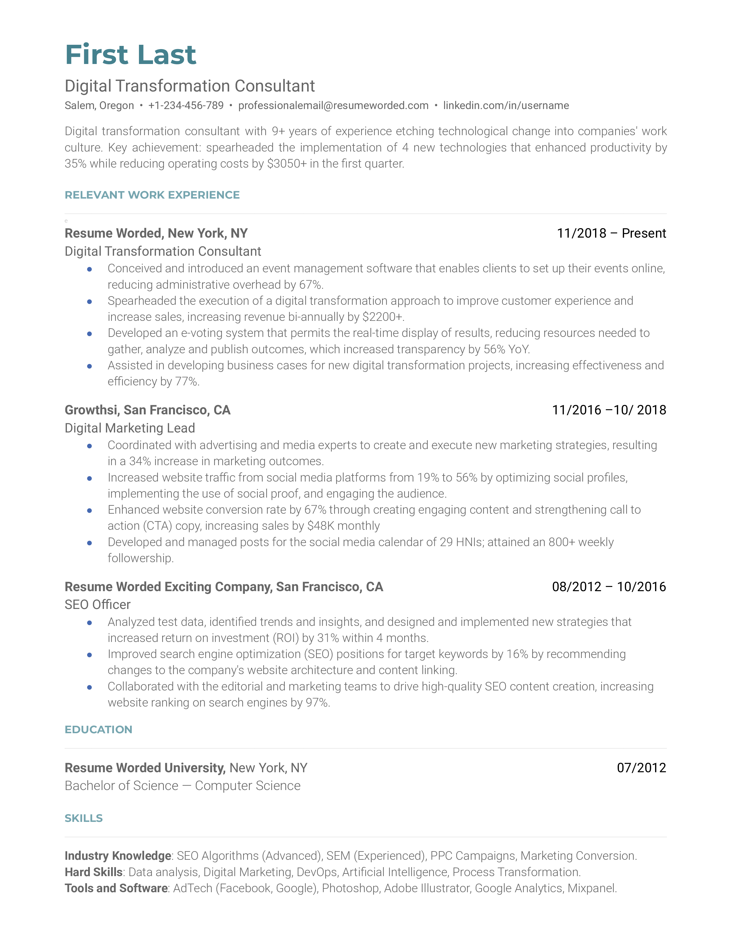 A digital transformation consultant resume sample that highlights the applicant’s skills and extensive experience.