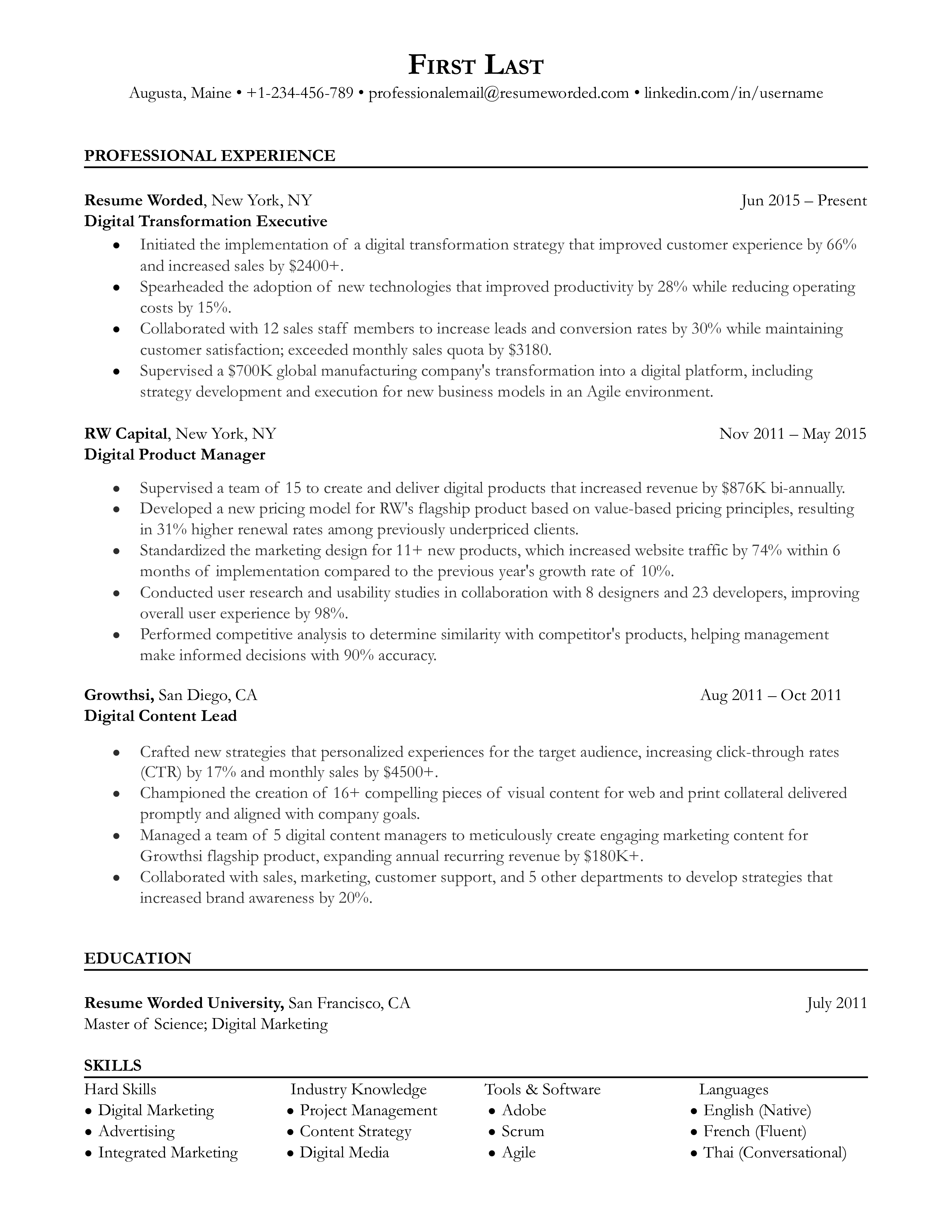 A digital transformation executive resume sample that highlights the applicant’s specializations and experience.