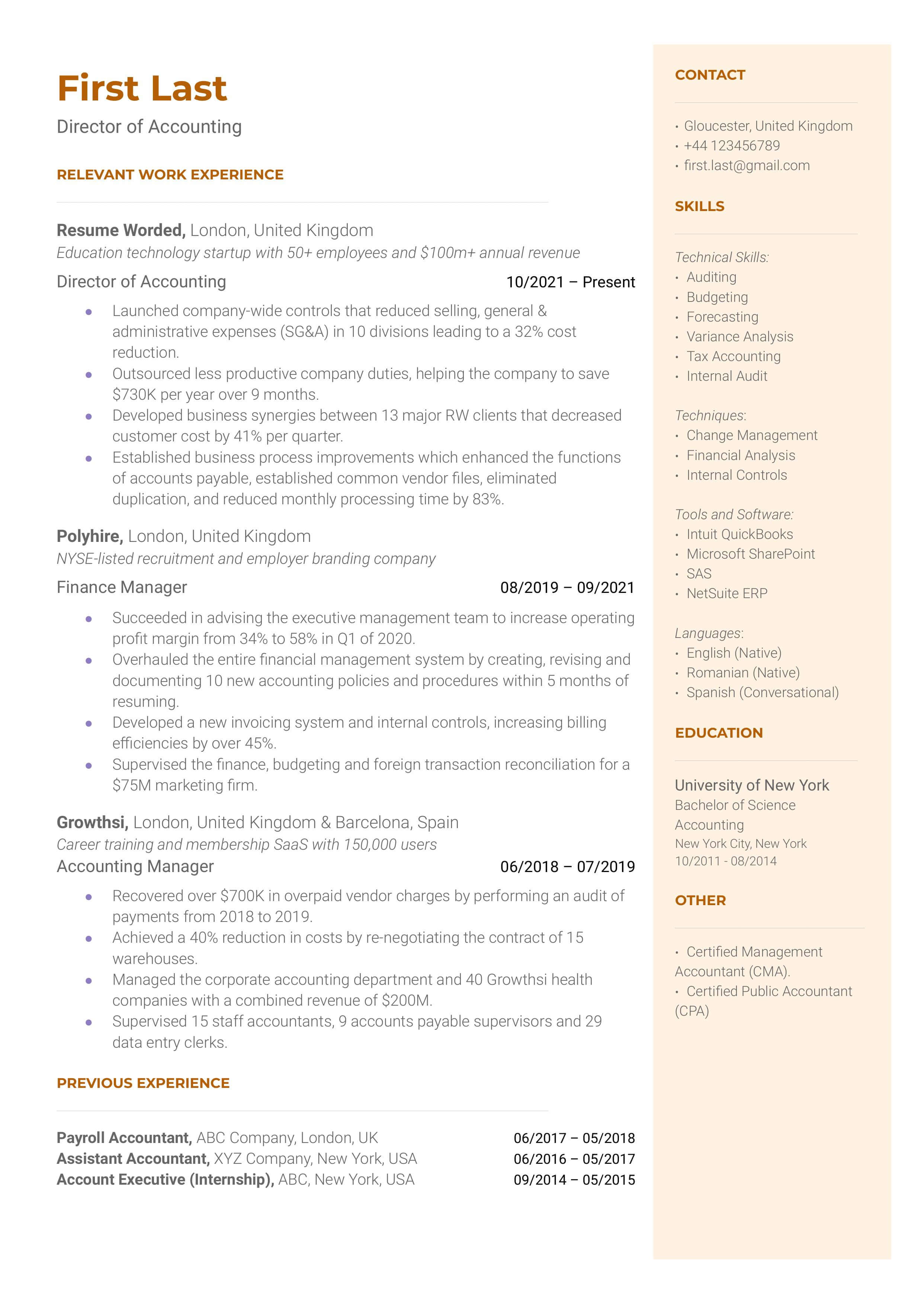 Director of Accounting Resume Sample
