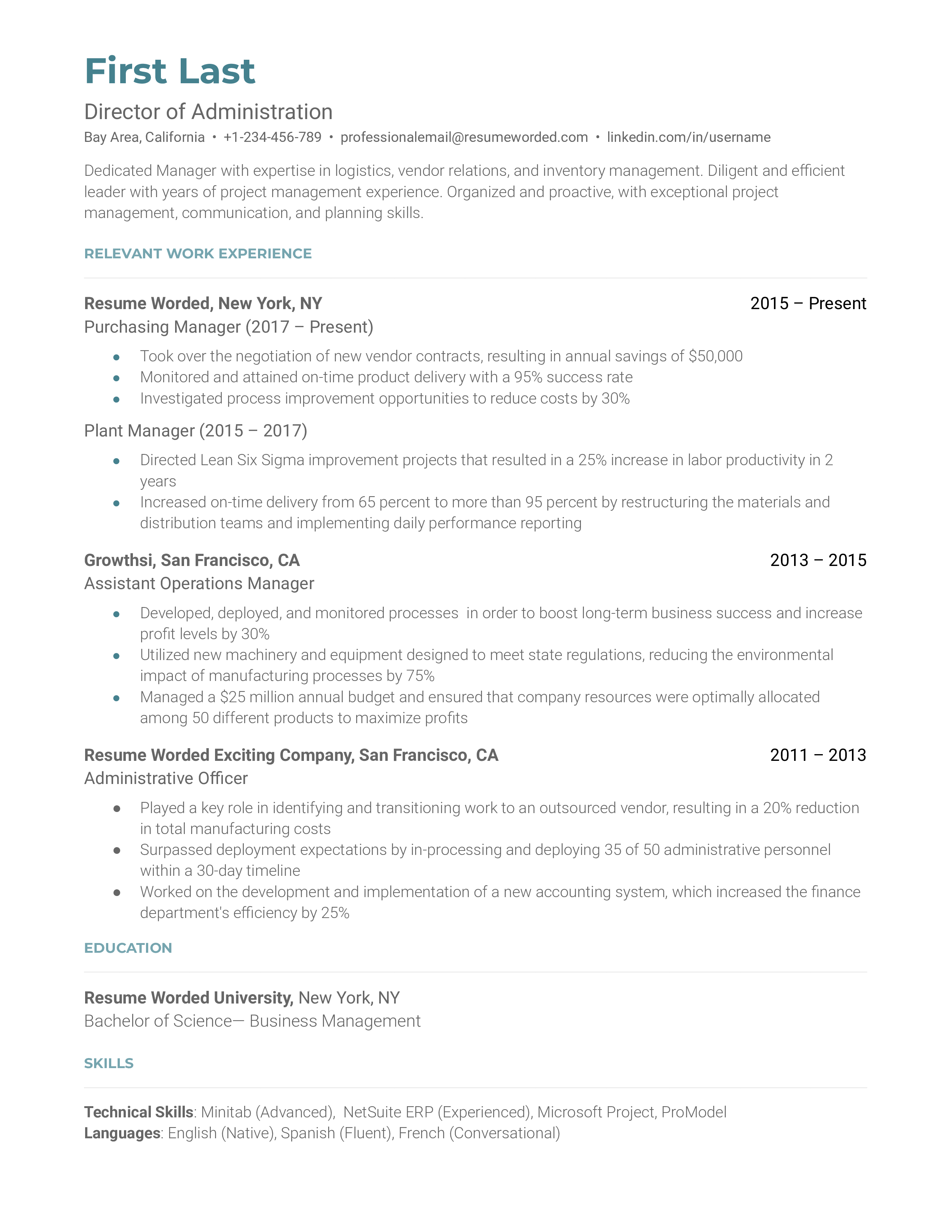 A director of administration resume template using a brief professional description and relevant work experience.