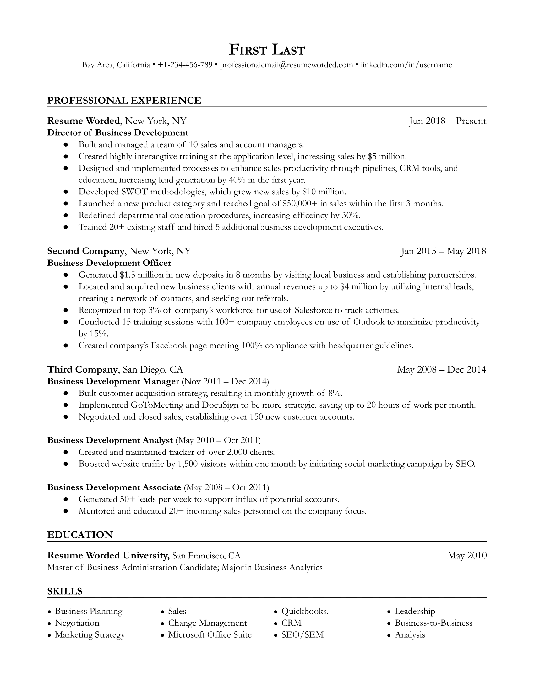 Director of Business Development Resume Sample