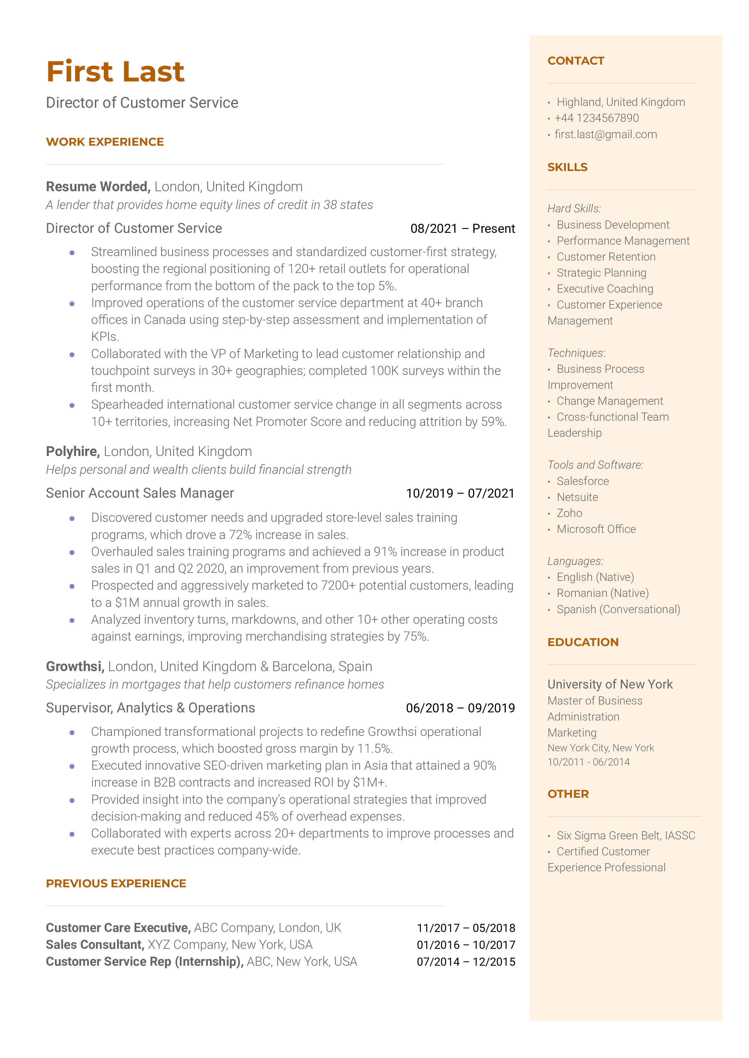 A well-structured CV for a Director of Customer Service role.