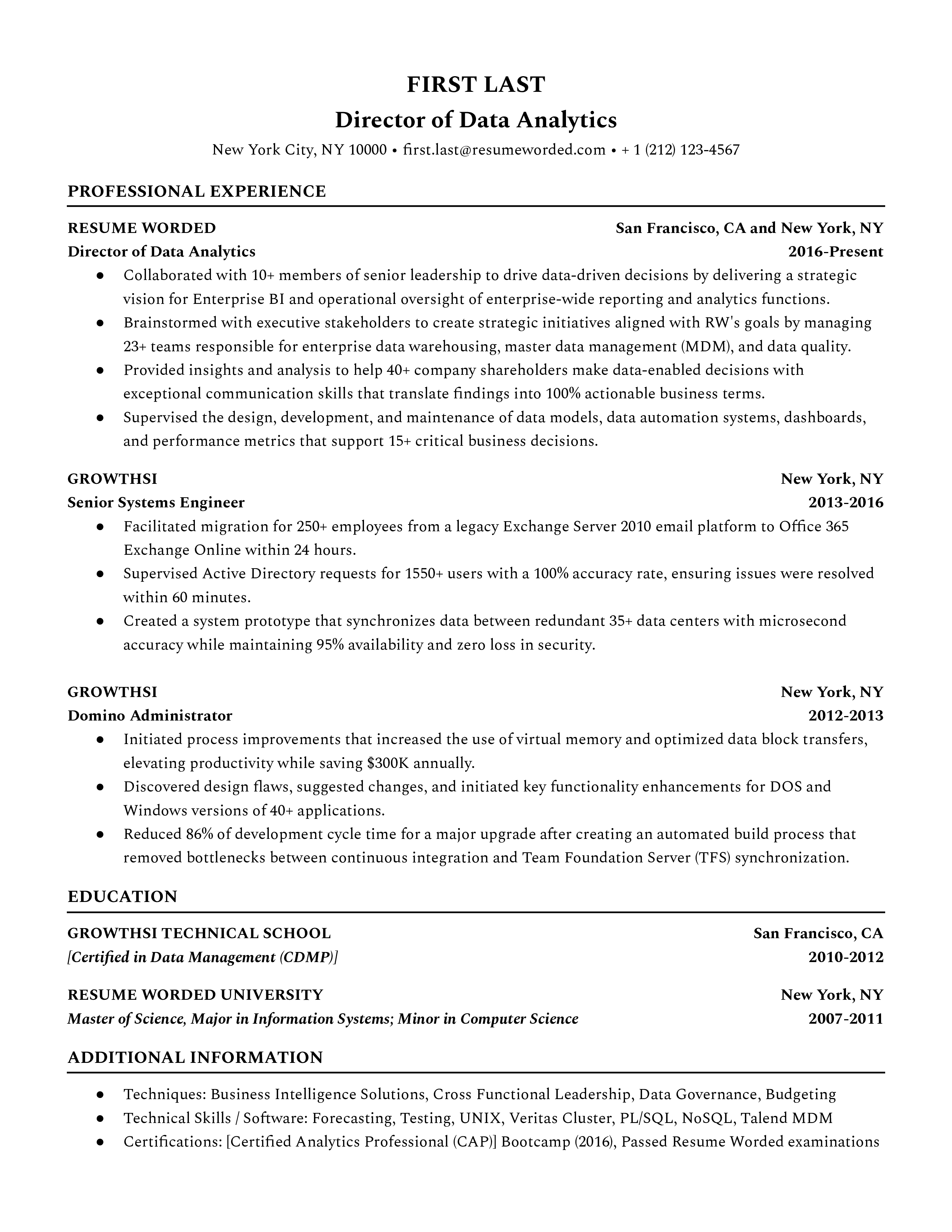 A CV snapshot illustrating key skills and experiences for a Director of Data Analytics role.