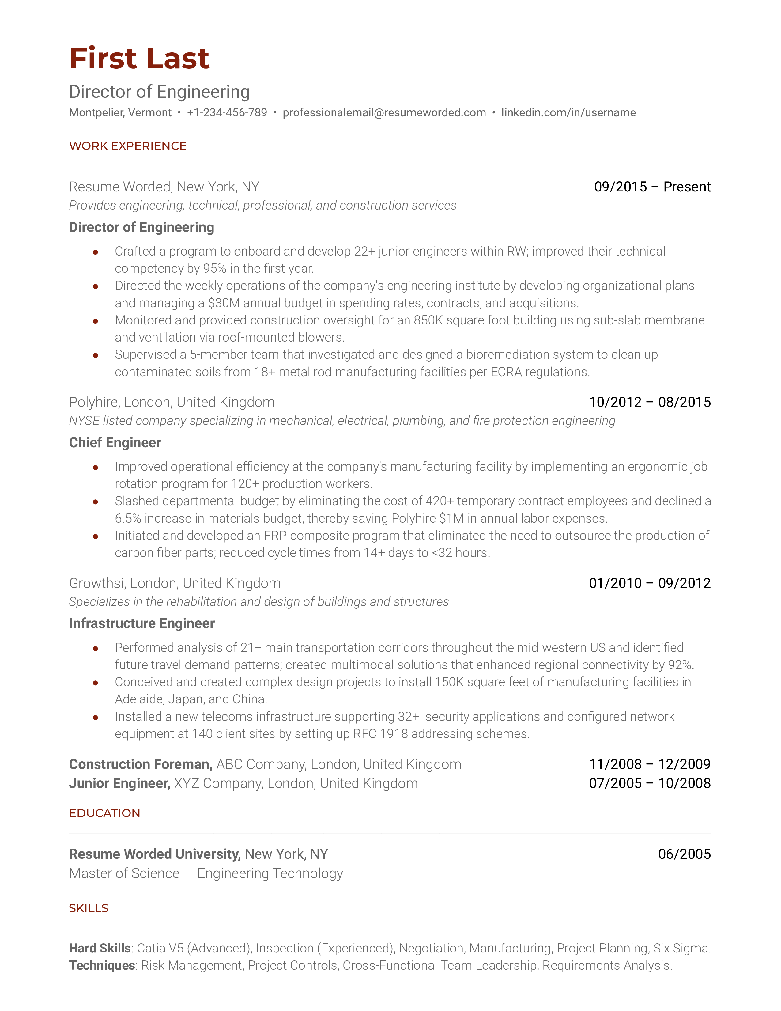 A director of engineering resume template using relevant metrics.