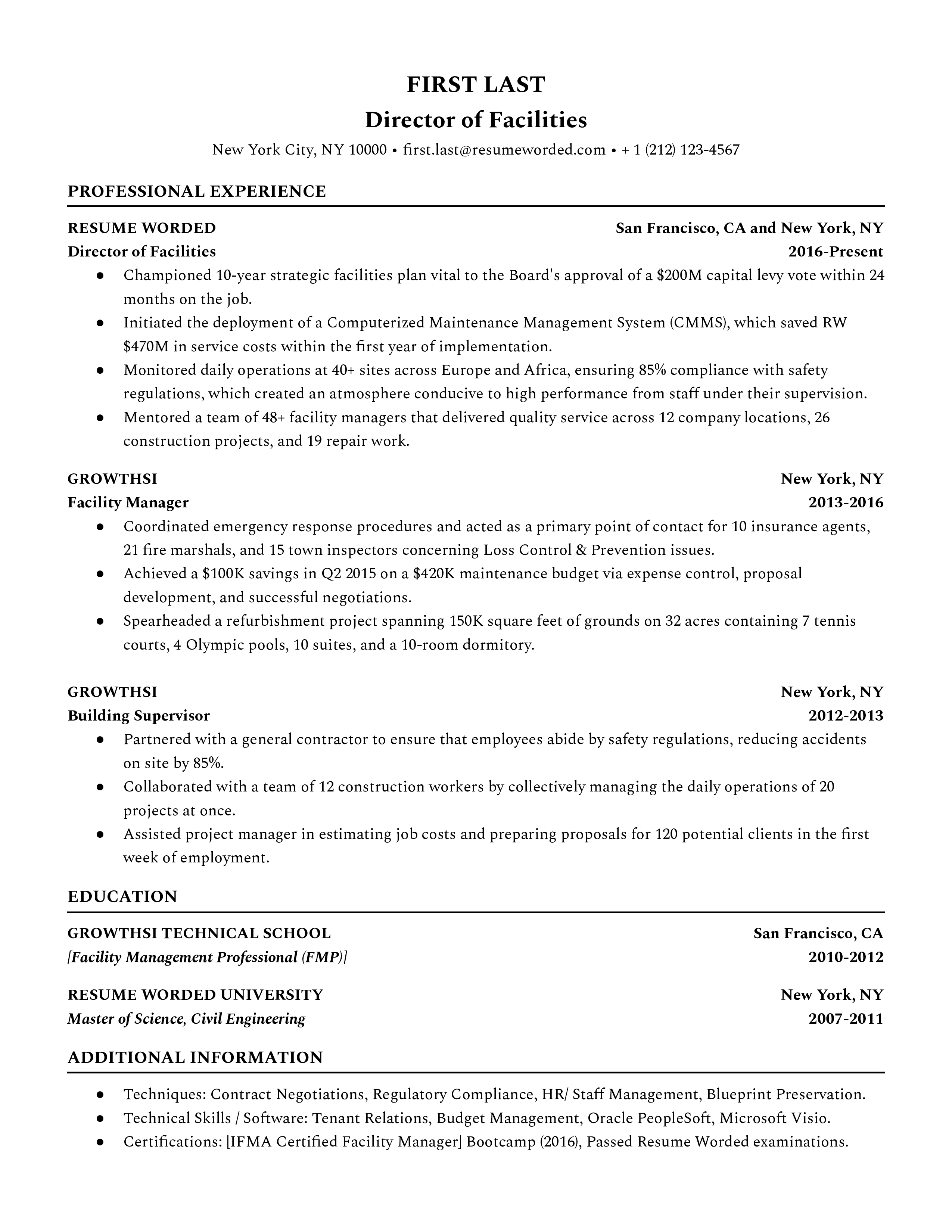 Snapshot of a resume for a Director of Facilities role.