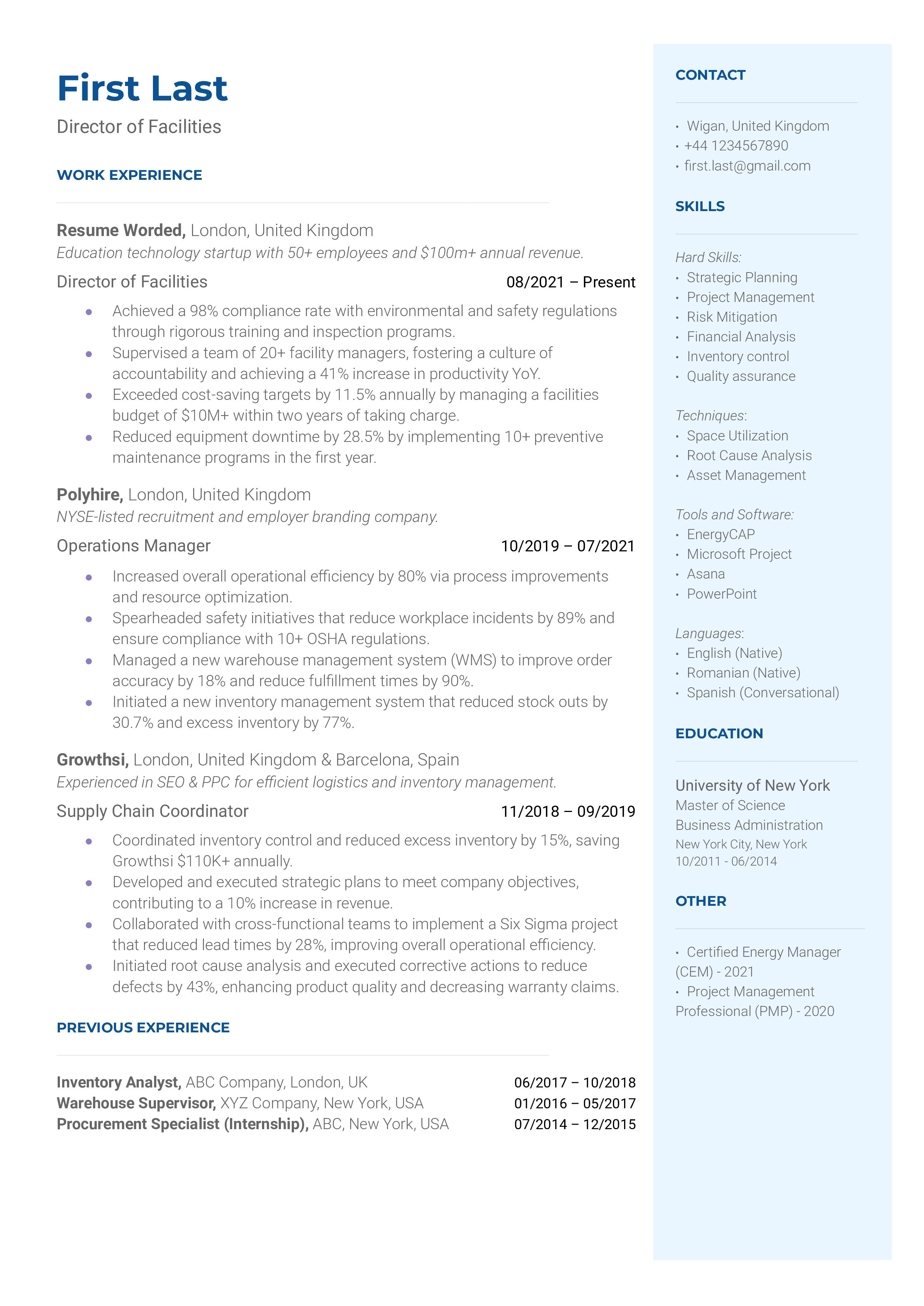 Snapshot of a resume for a Director of Facilities role.