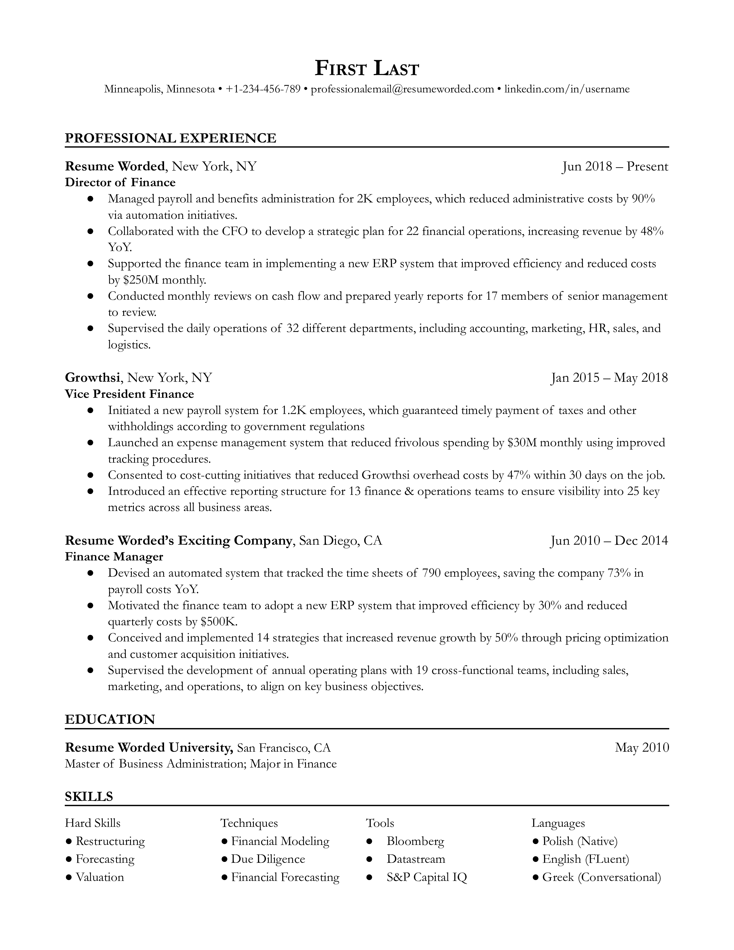 Director of Finance Resume Example for 2023 Resume Worded