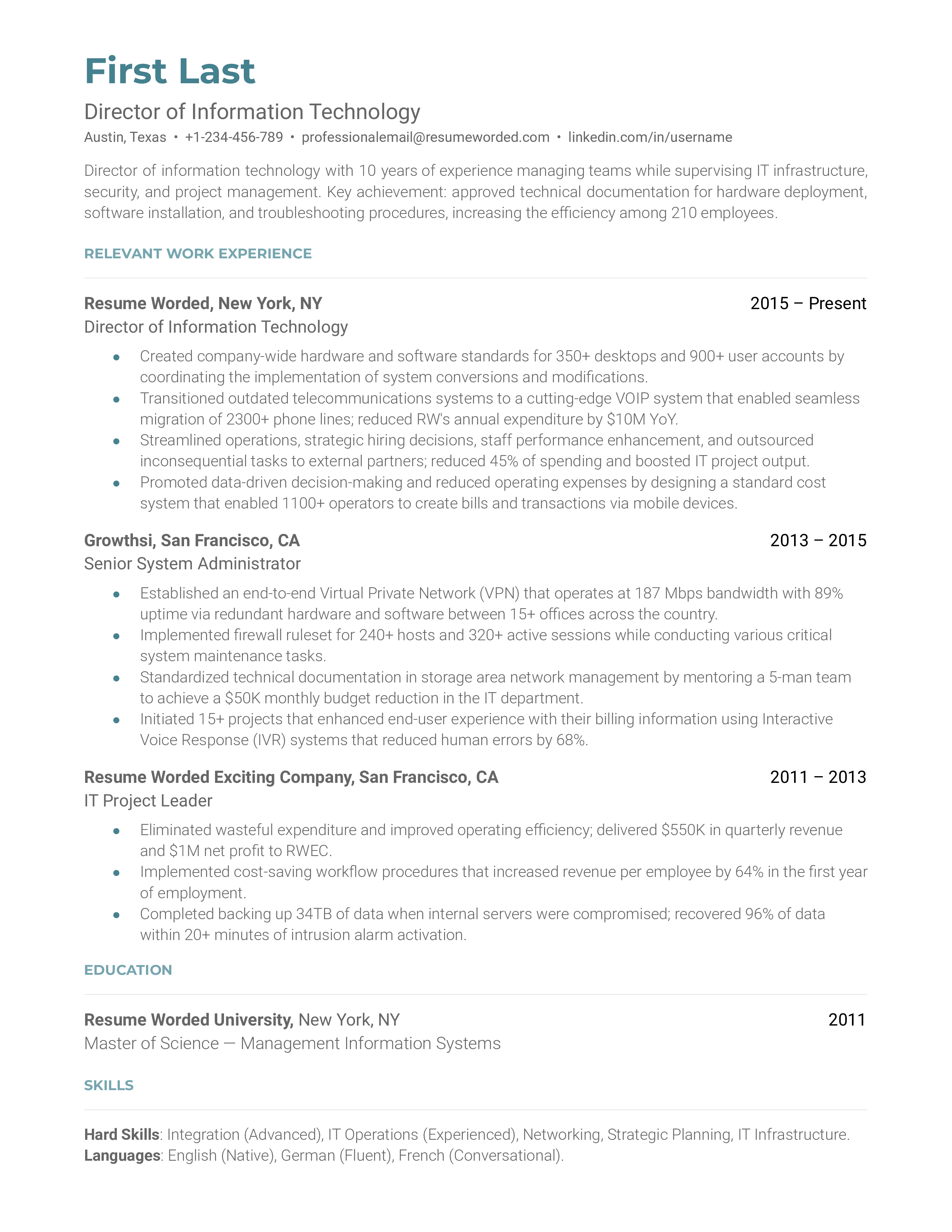 A director of information technology resume template prioritizing work experience.