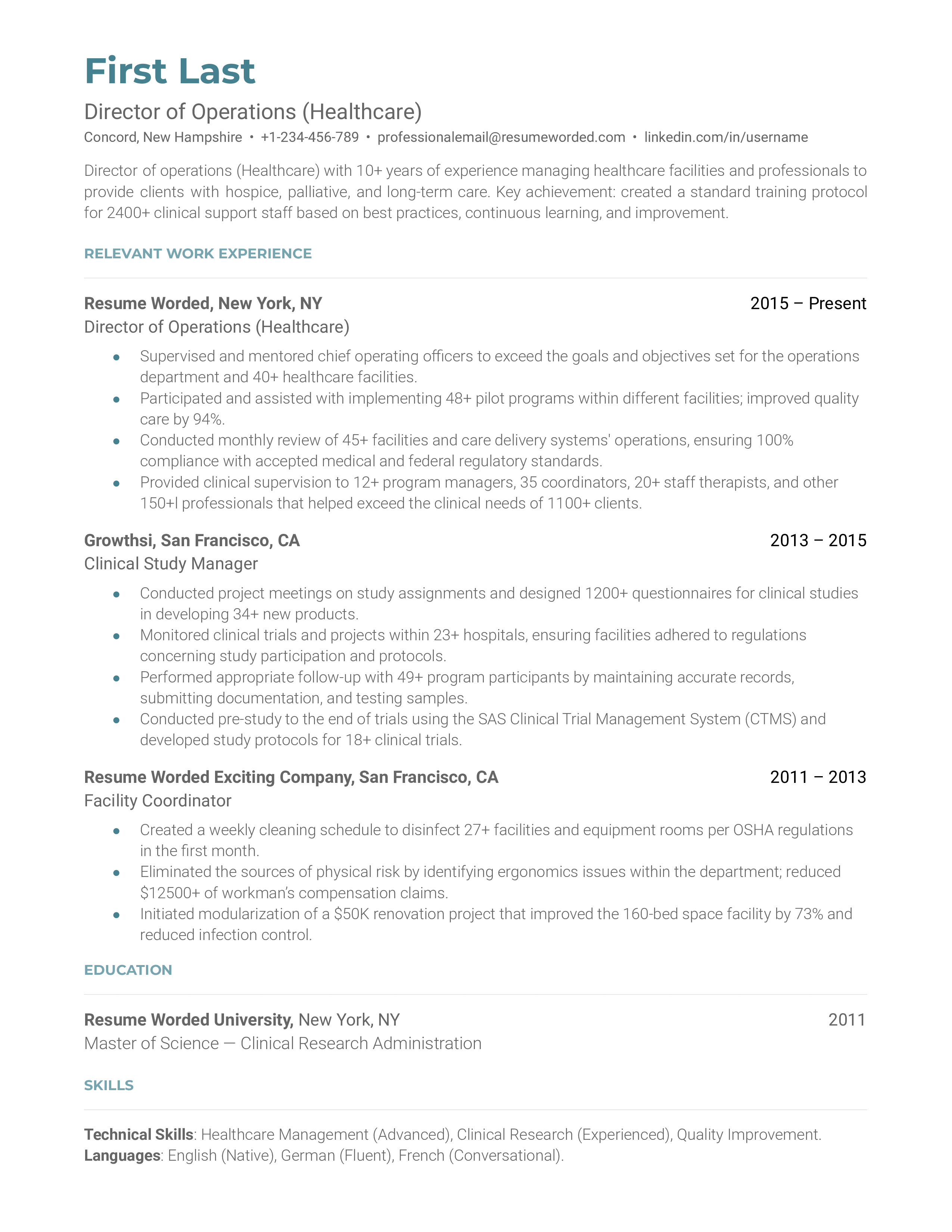 Director of Operations (Healthcare) Resume Sample