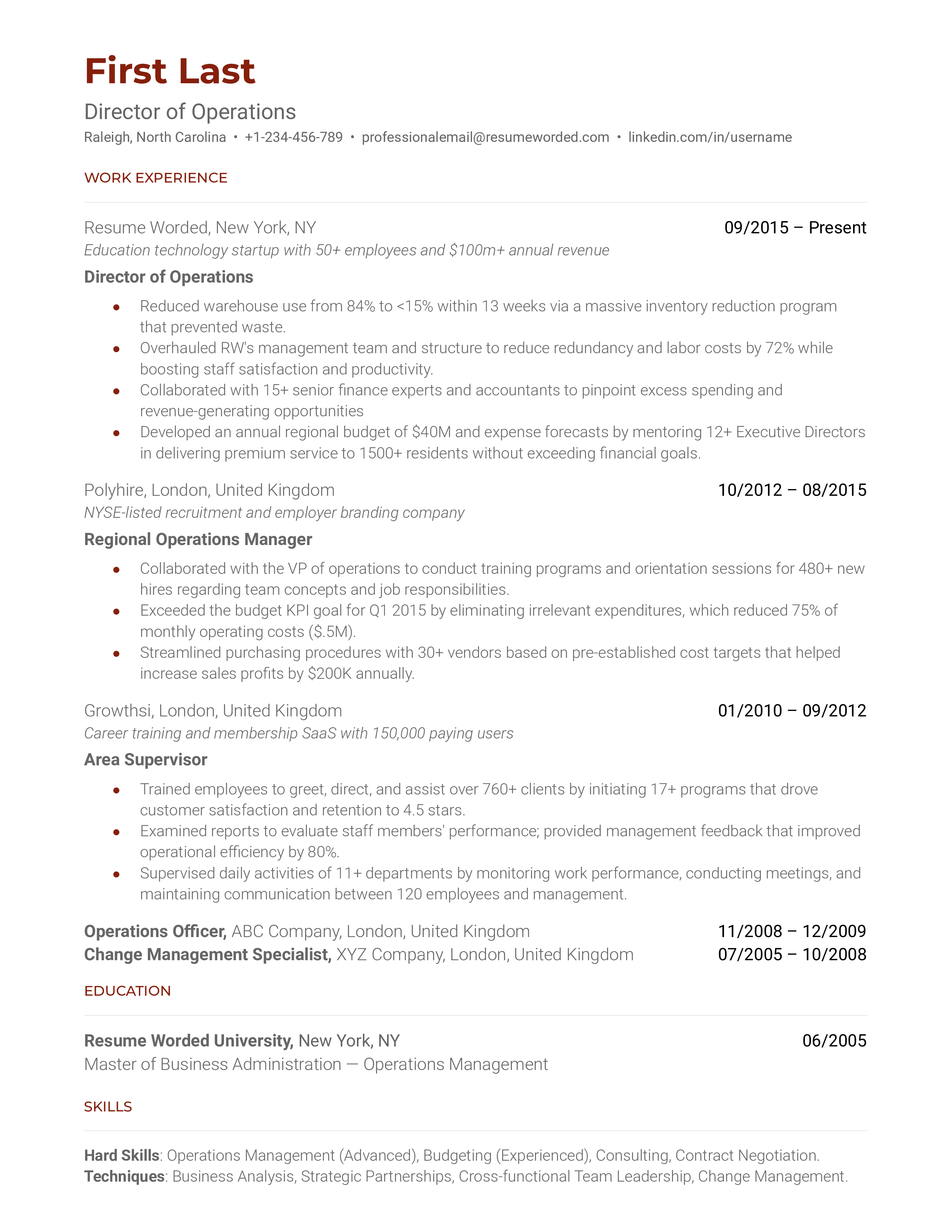 Director of Operations Resume Sample