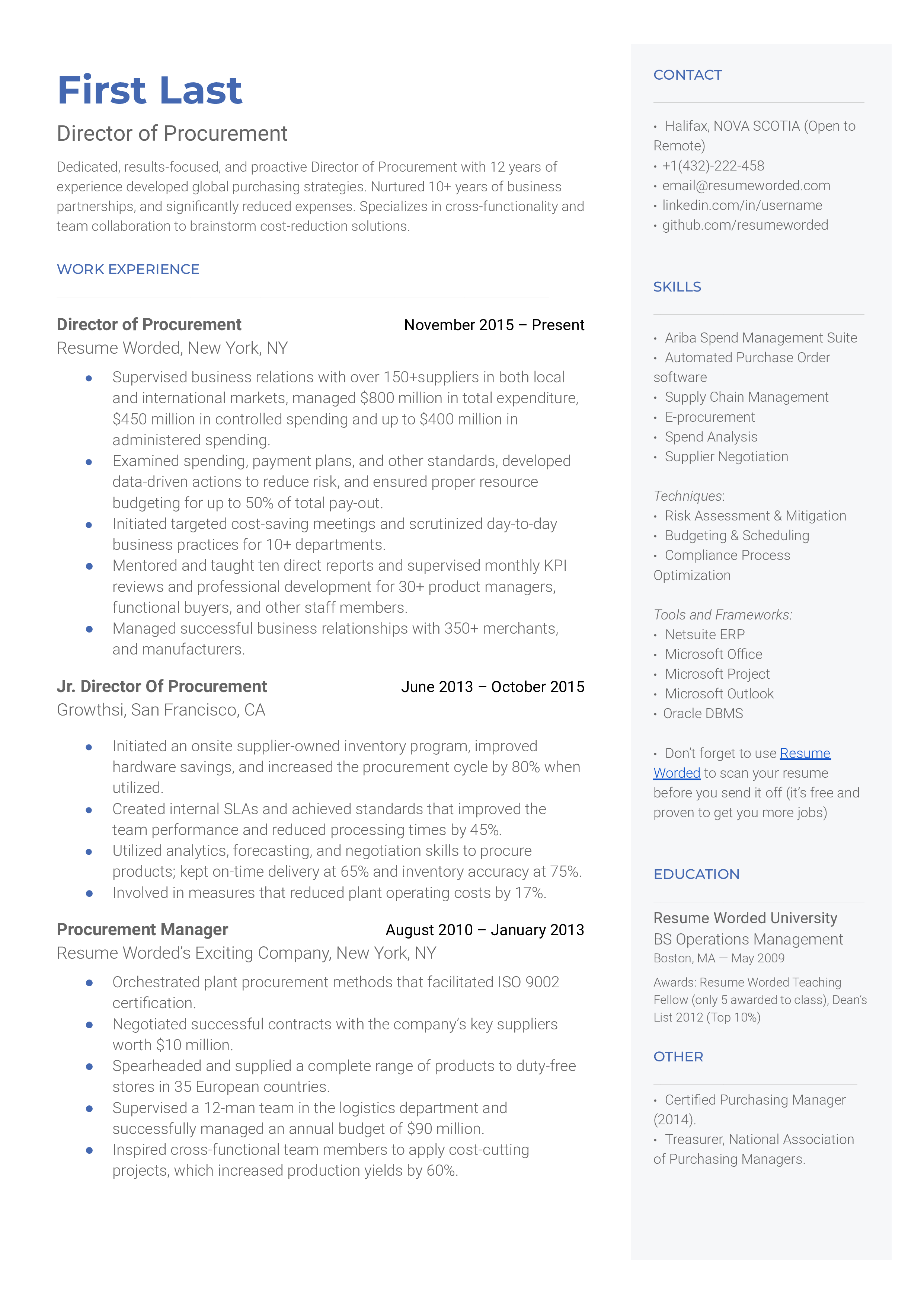 Director of procurement sample resume showing managerial and strategy implementation skills