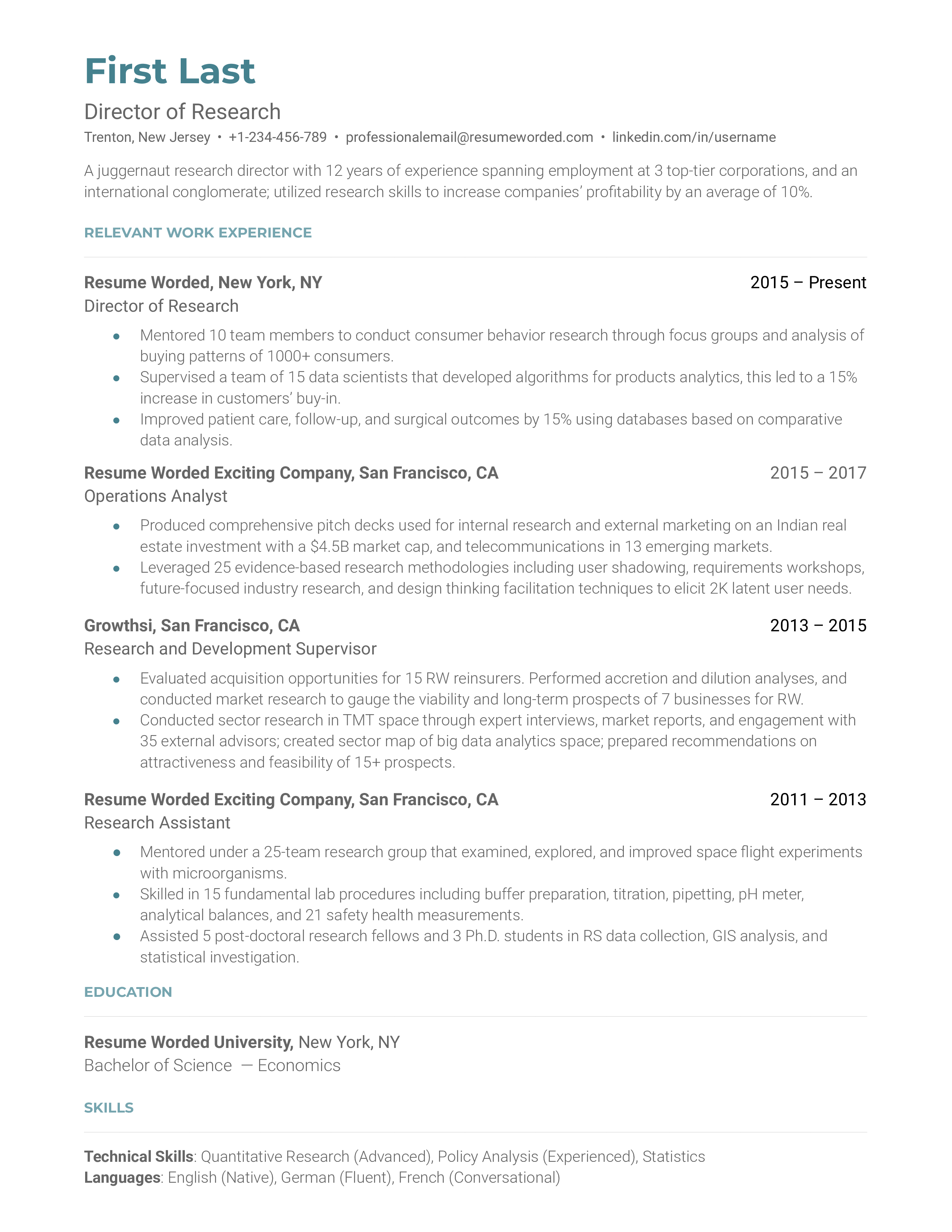 A director of research resume sample that highlights the applicant’s career progression and experience.