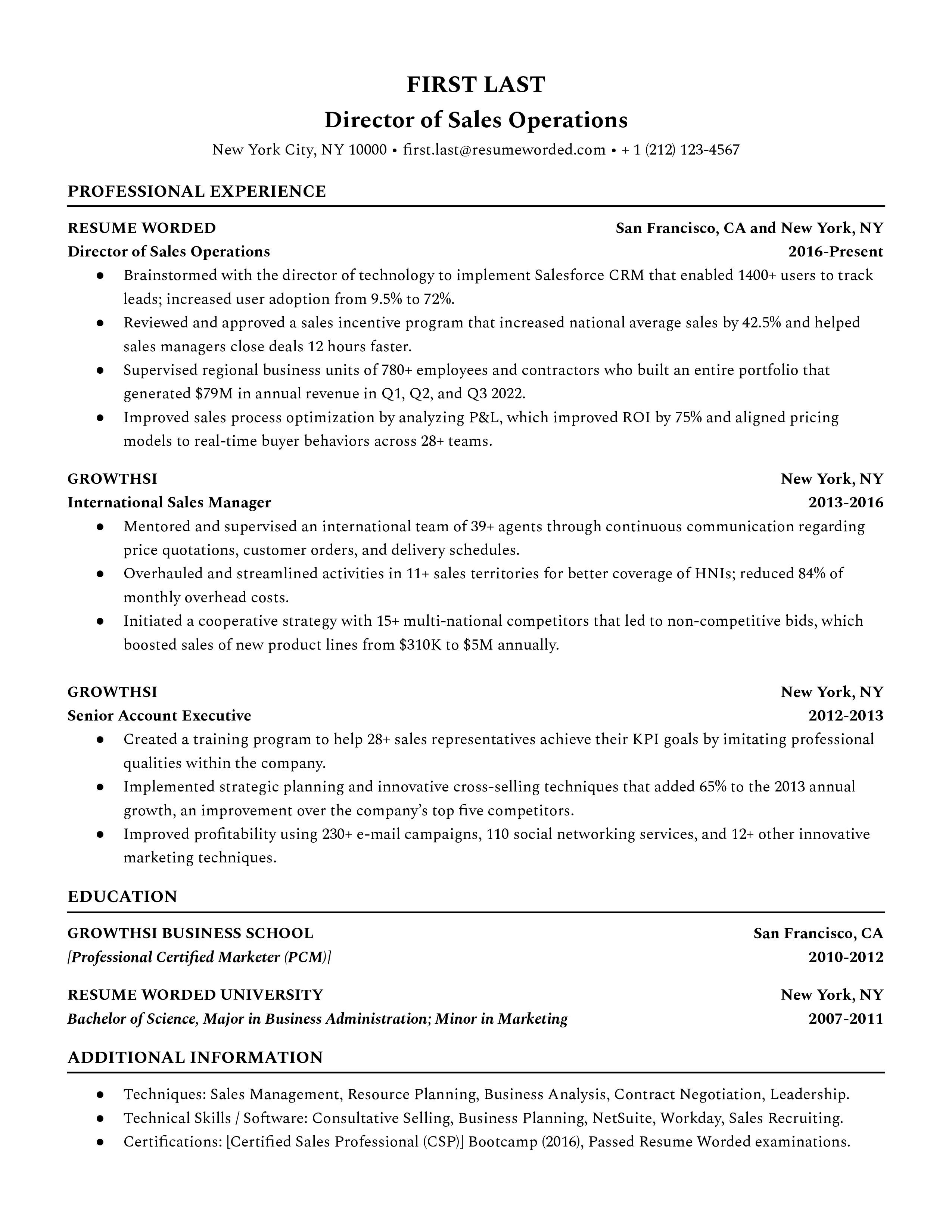 Director of Sales Operations Resume Sample