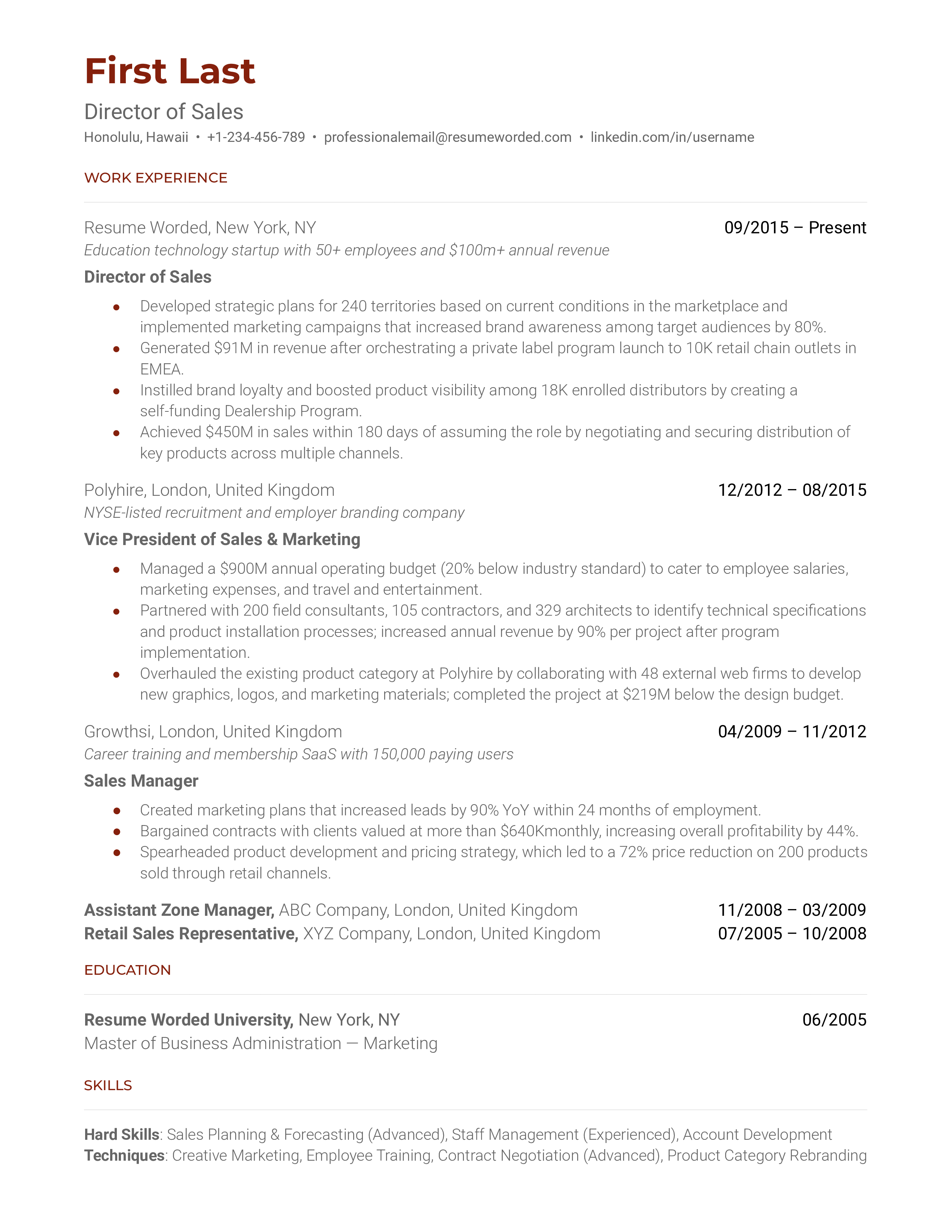 A director of sales resume template that organizes work experience in chronological order