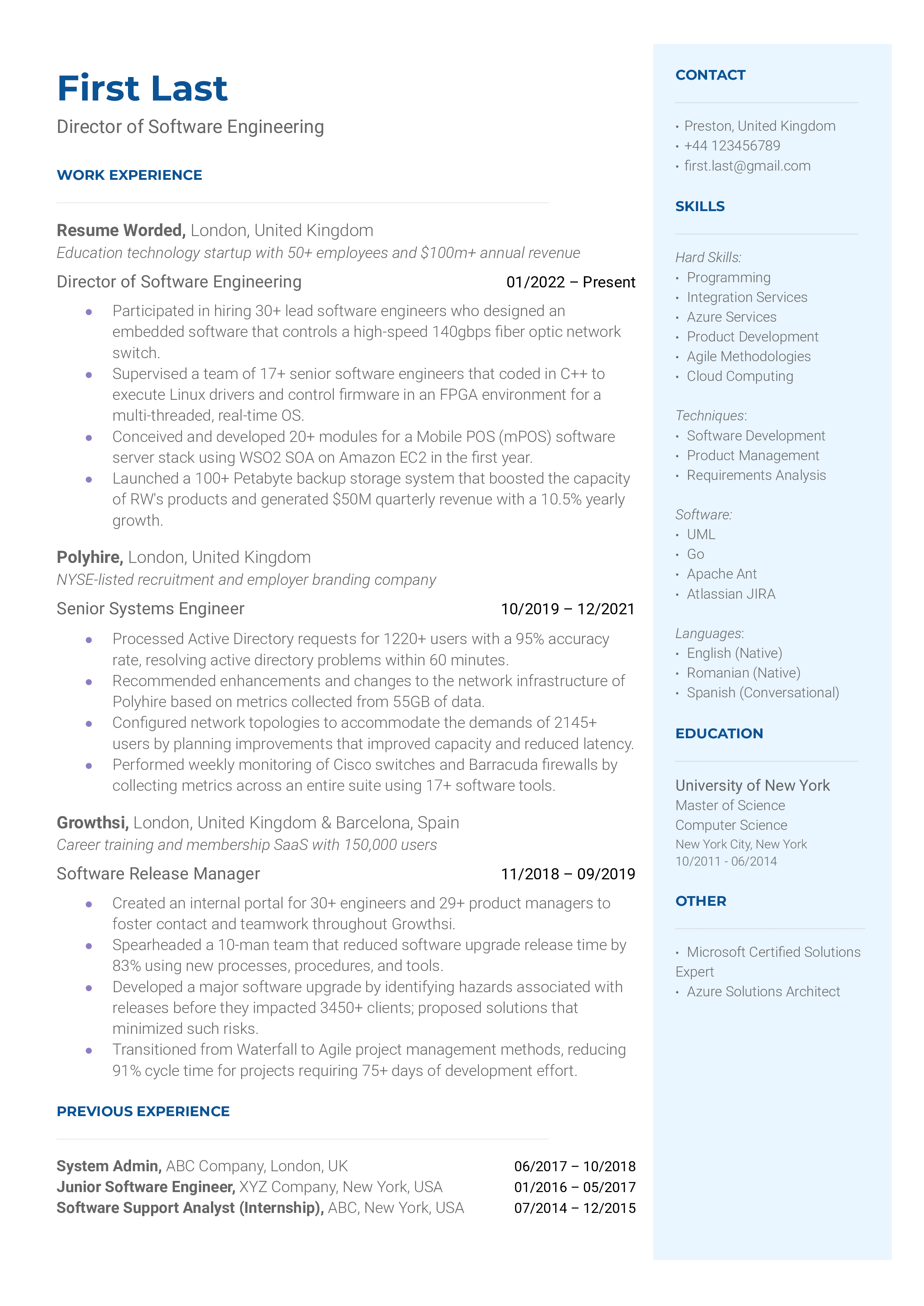 A director of software engineering resume template combining strong action verbs with accomplishments.