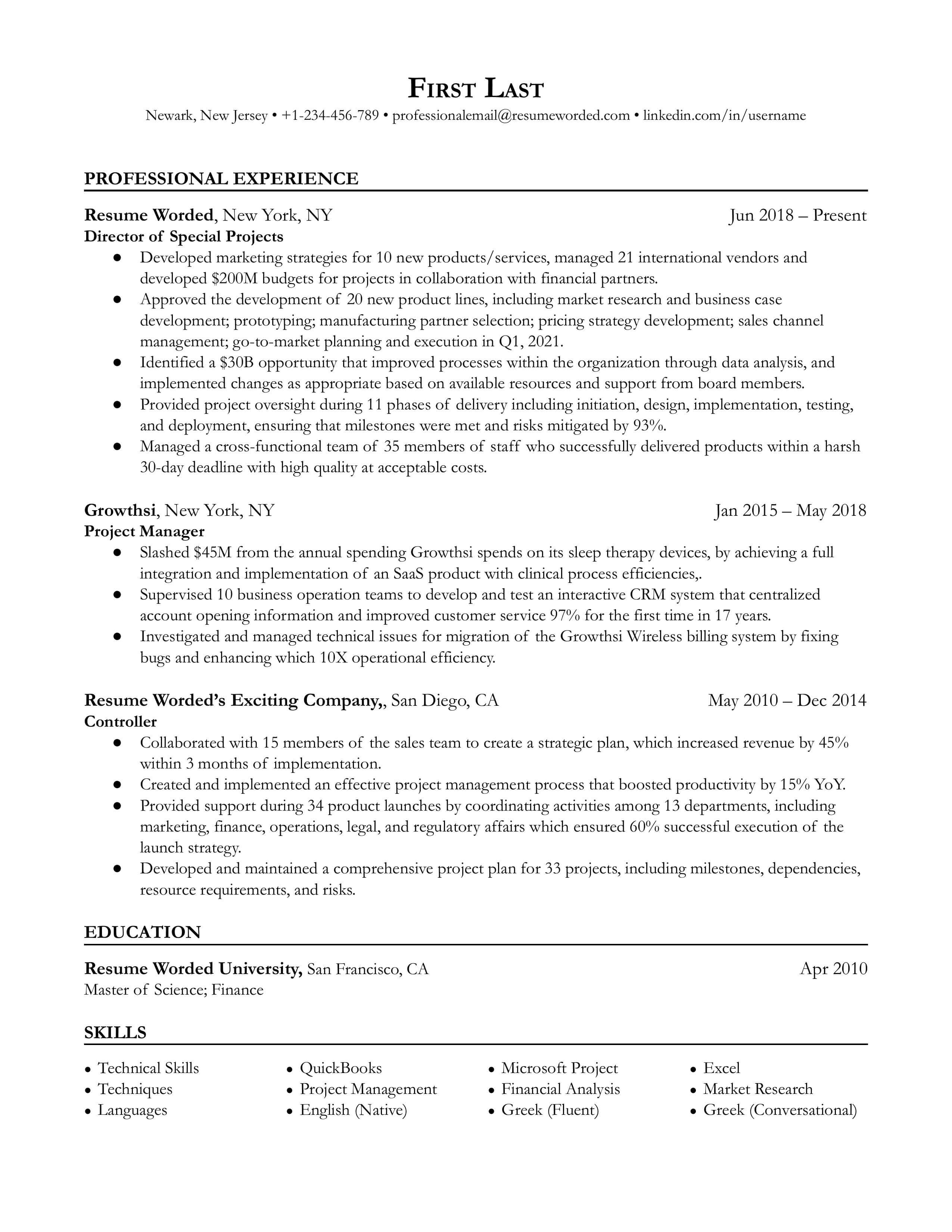 A director of special projects resume template that emphasizes work experience.