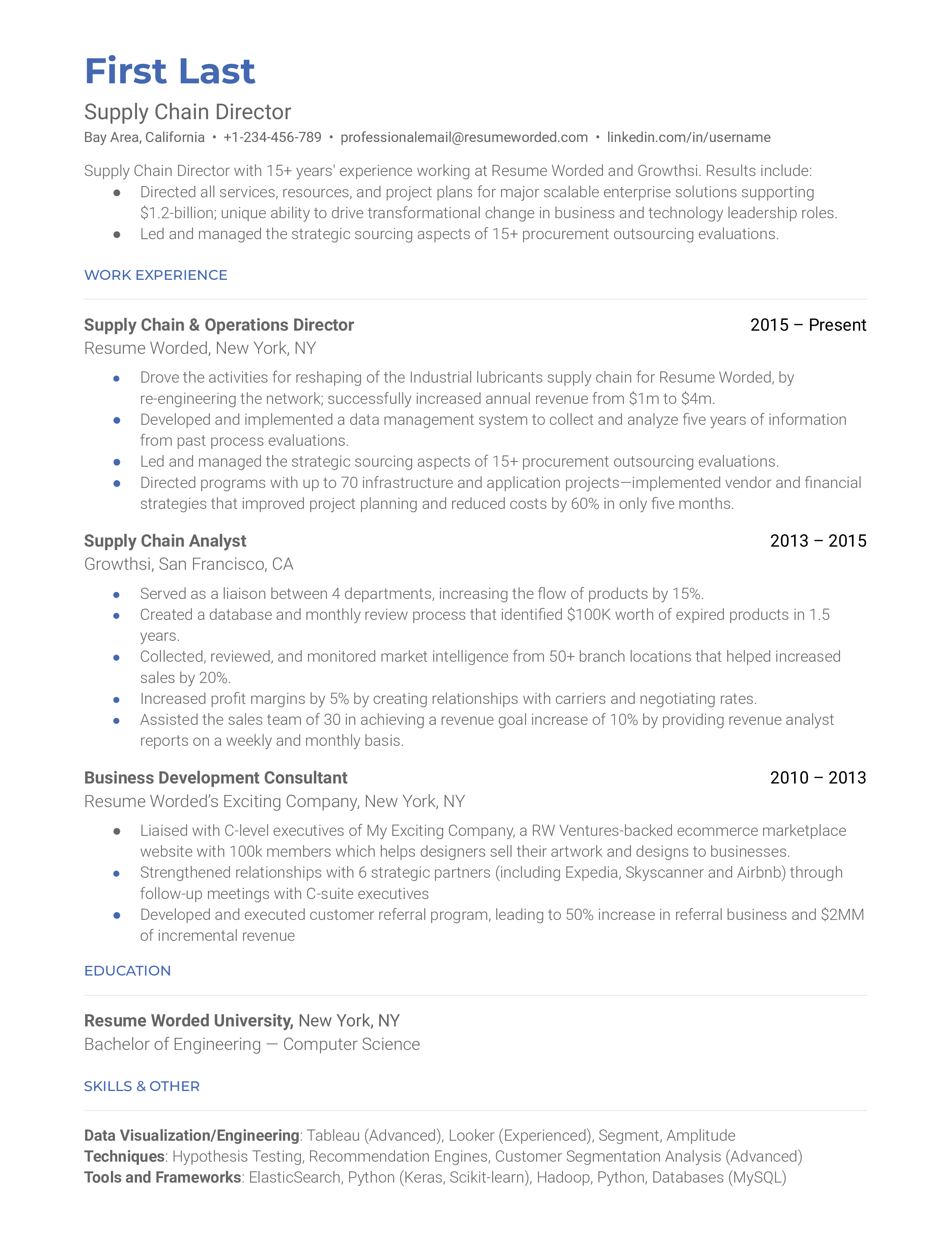 Exemplary CV outline for a Director of Supply Chain Management role.