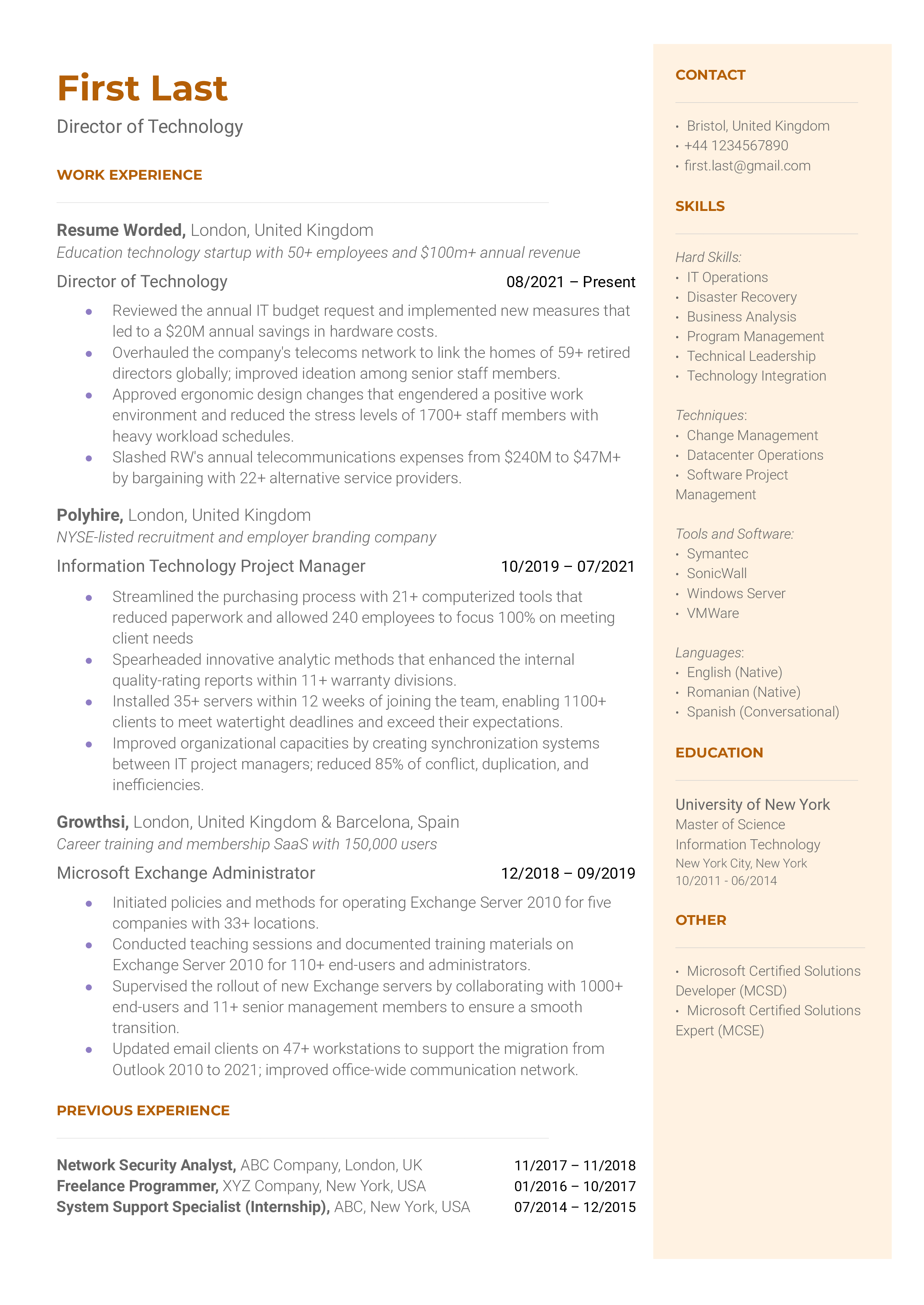A director of technology resume template including relevant keywords