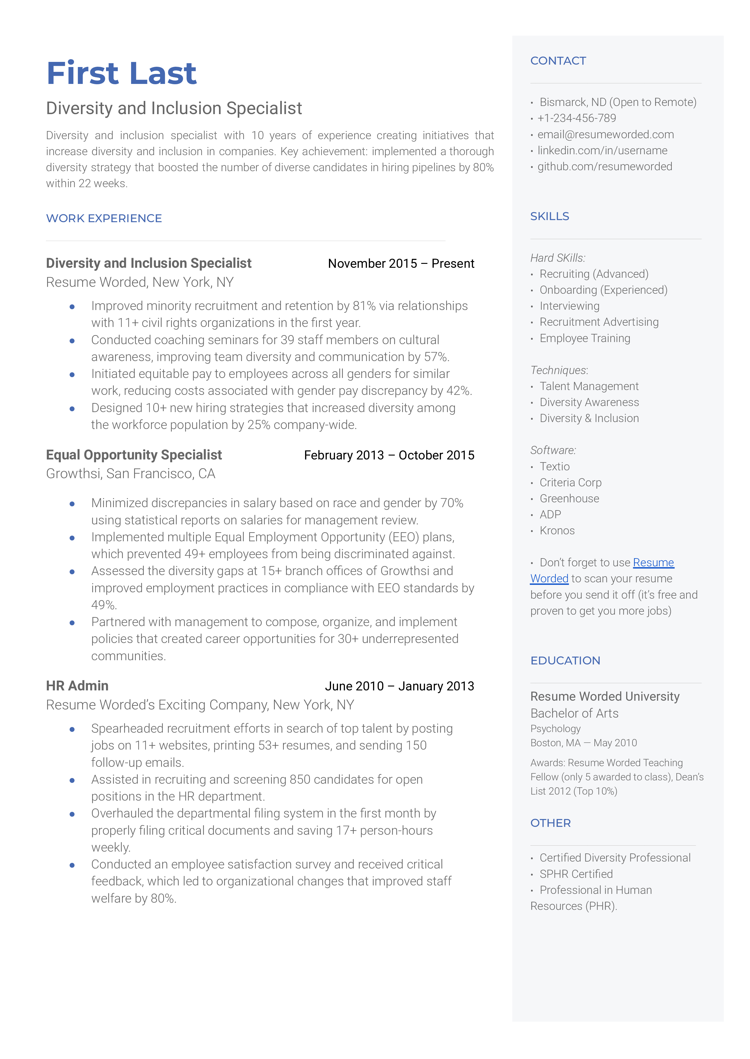 A CV screenshot for a Diversity and Inclusion Specialist role.