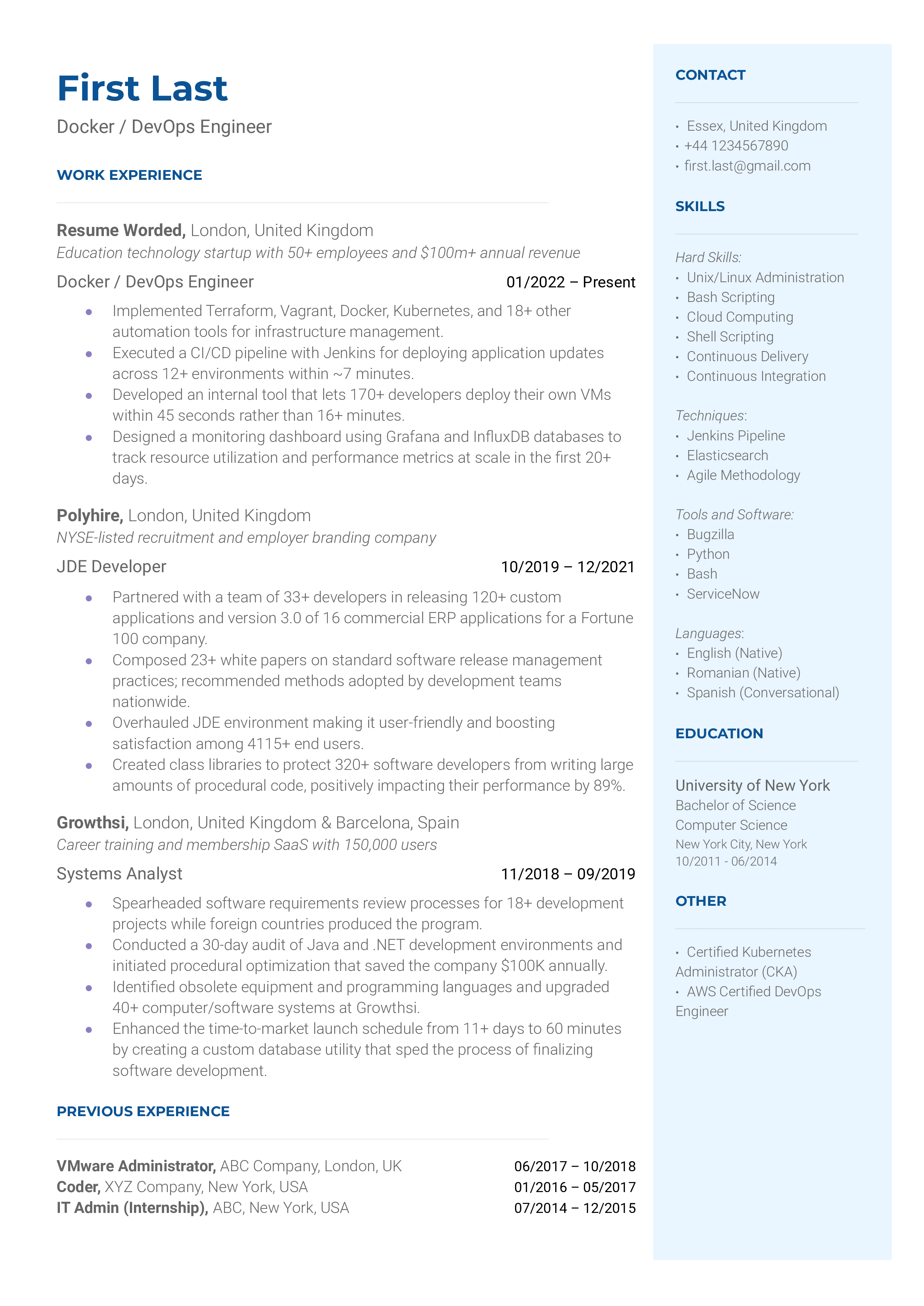 Docker/DevOps Engineer Resume Examples for 2025 | Resume Worded