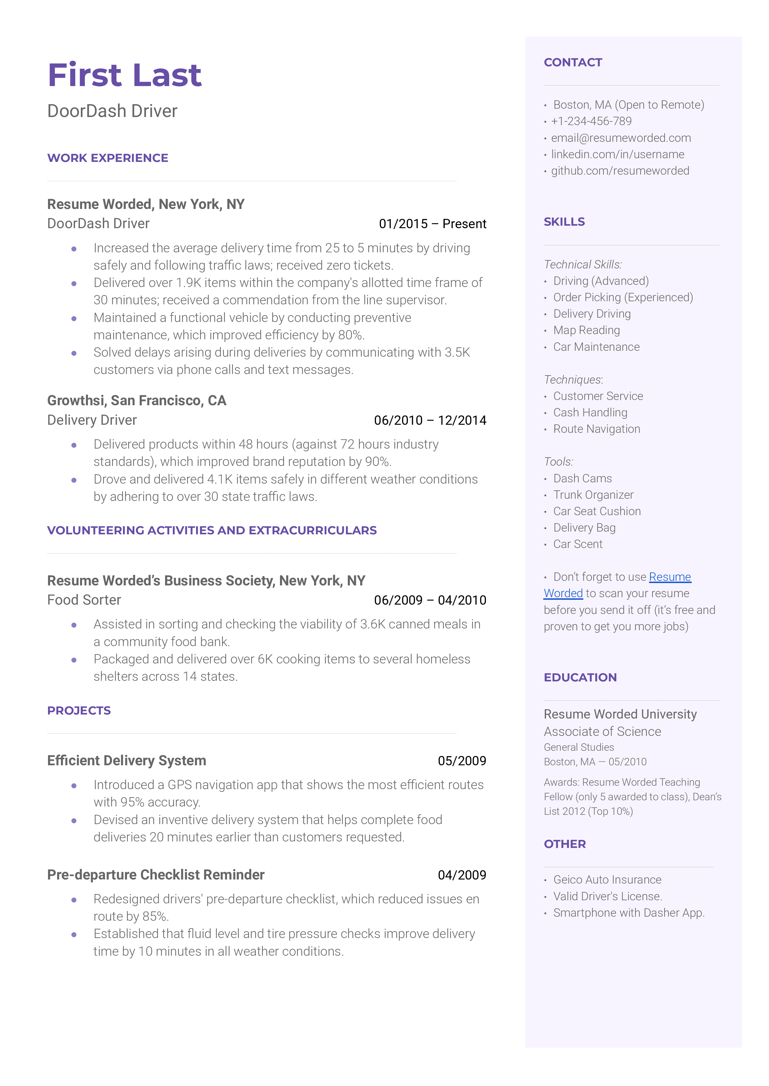 DoorDash Driver Resume Sample