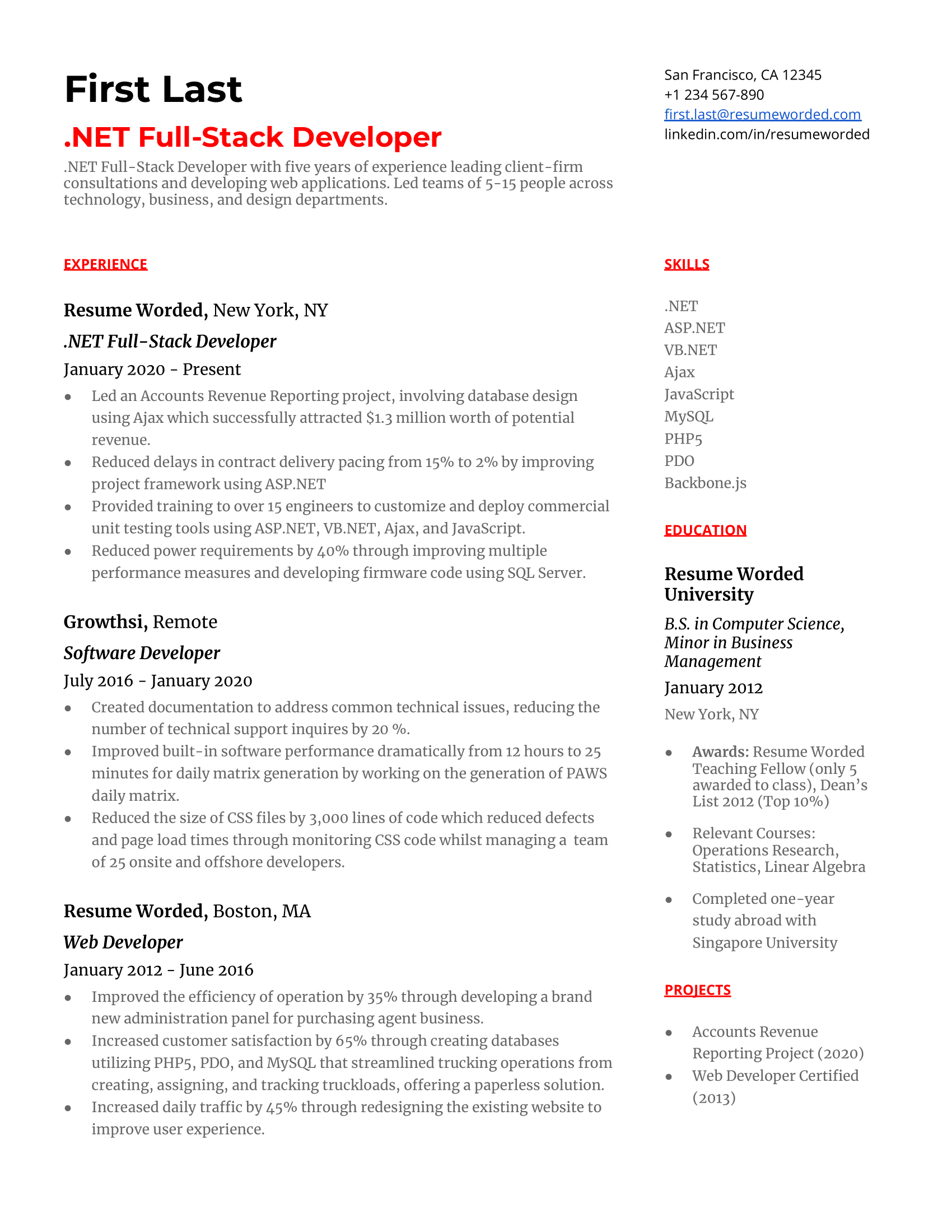 A .NET full stack developer resume that highlights relevant work experience with .NET frameworks, supplemented by hard skills, education, and projects.