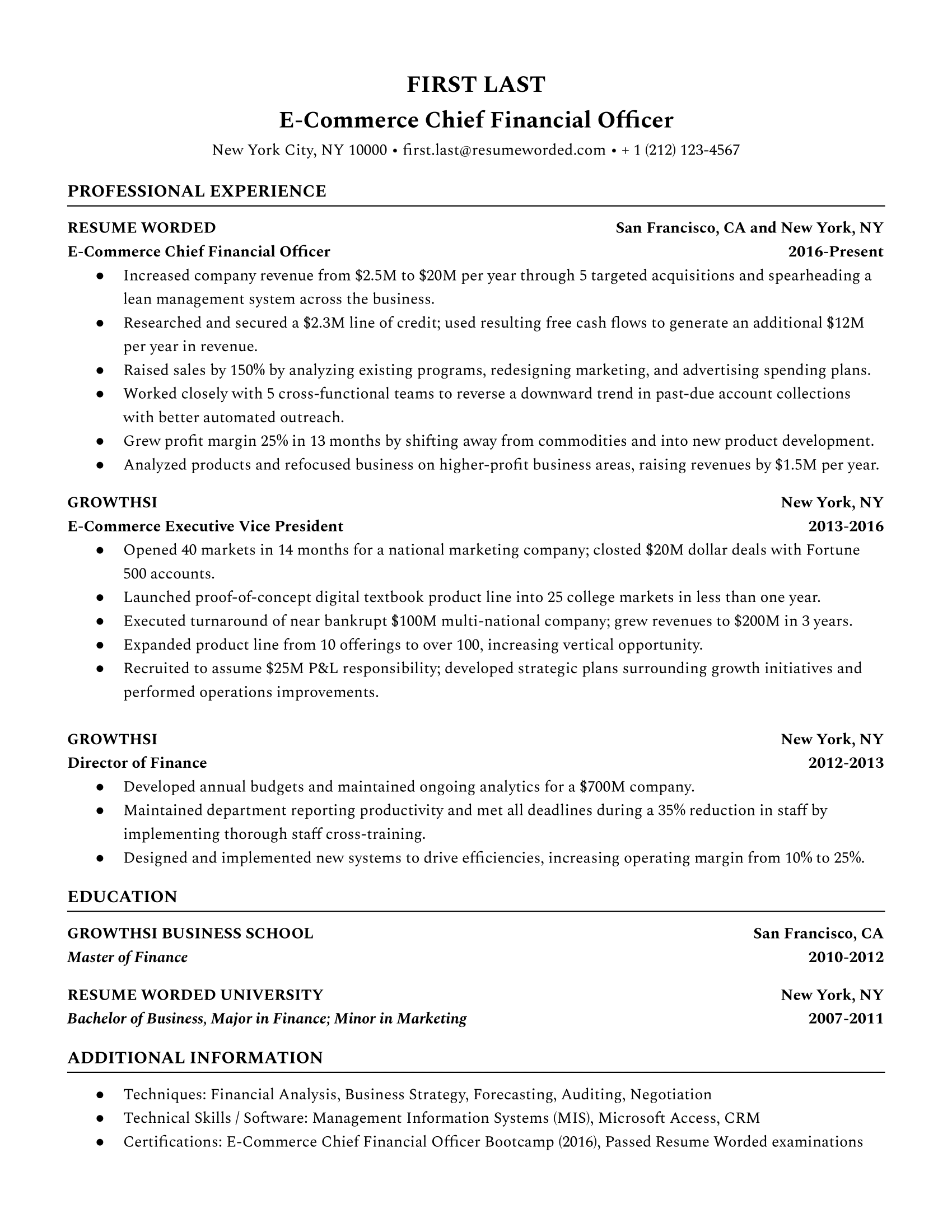 E-Commerce Chief Financial Officer Resume Sample