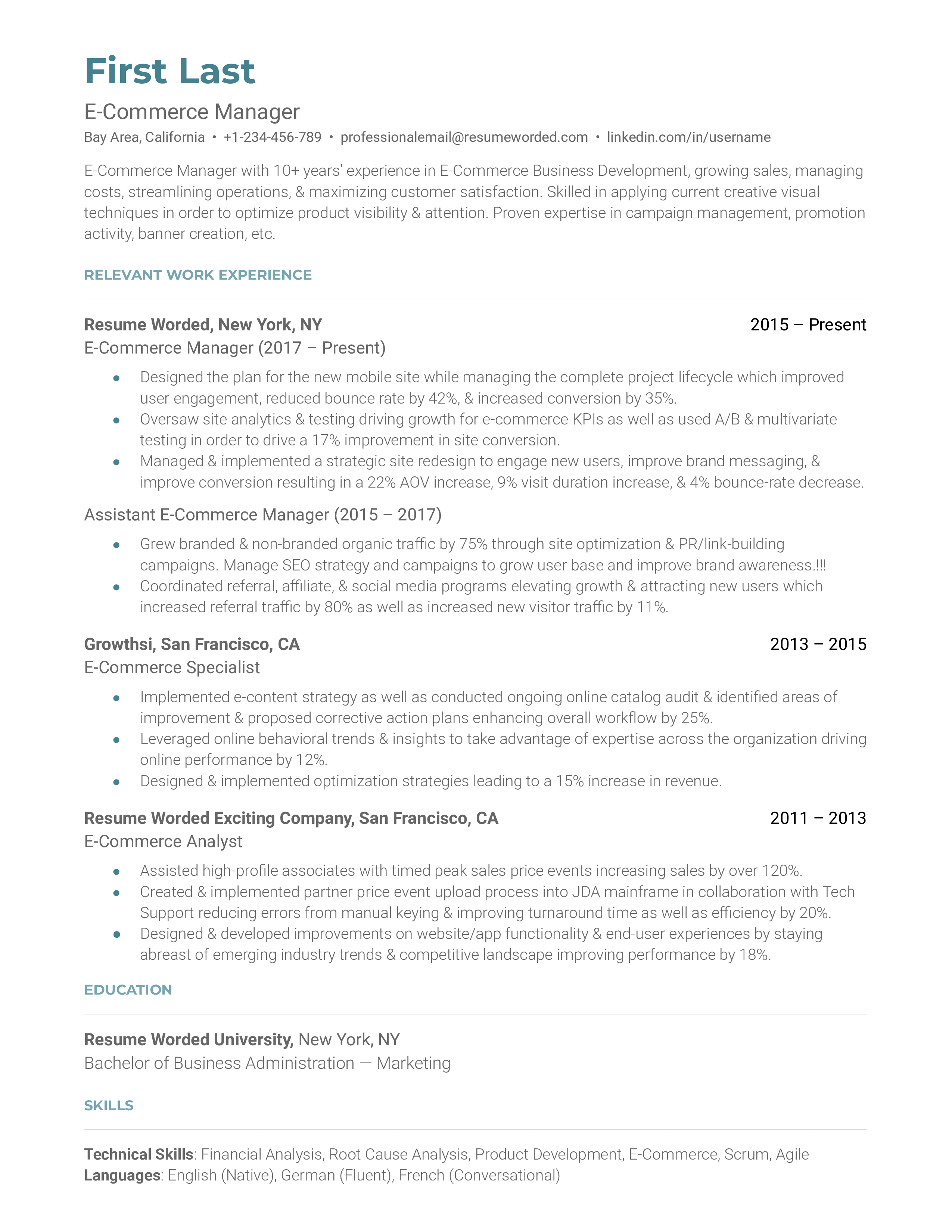 E-Commerce Manager Resume Sample