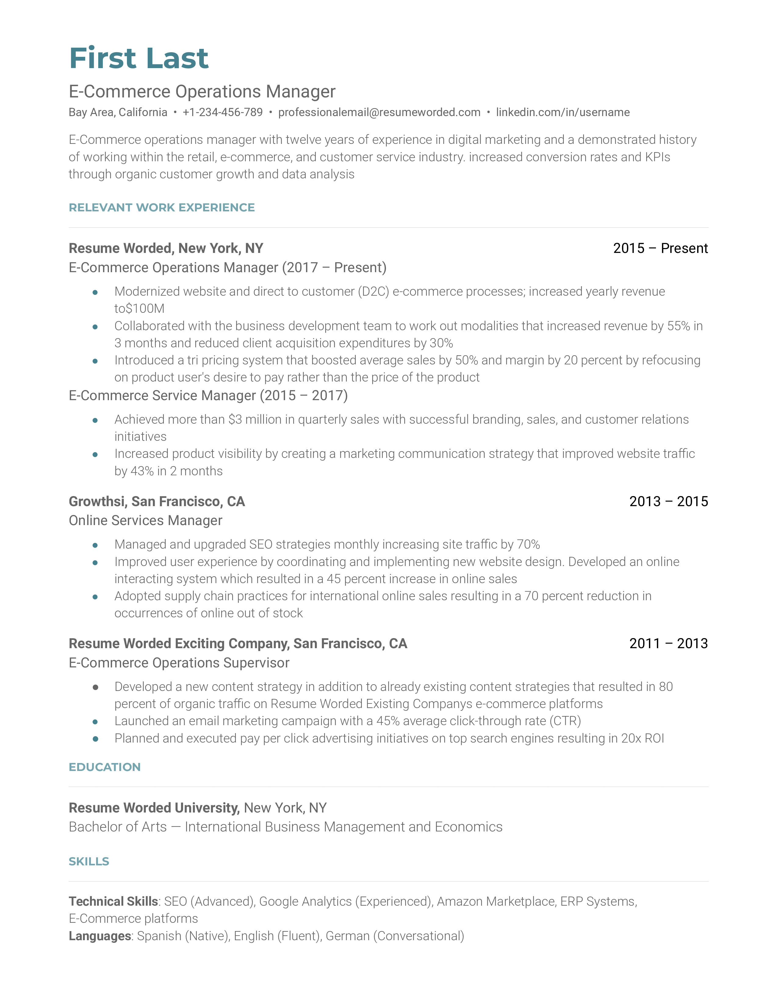 An ecommerce operations manager resume sample that highlights the applicant's operations specialization and skill set.