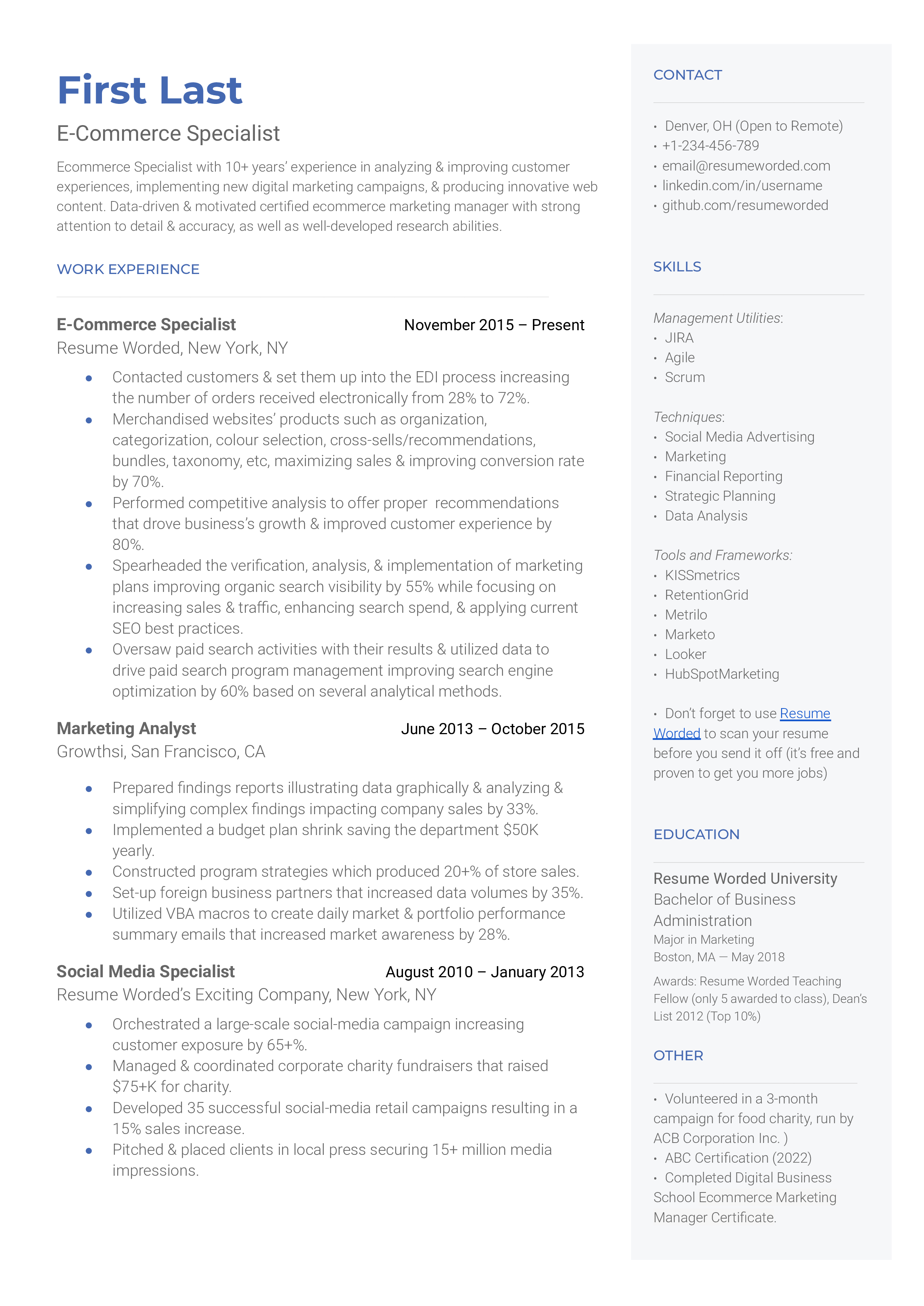E-Commerce Specialist Resume Template + Example