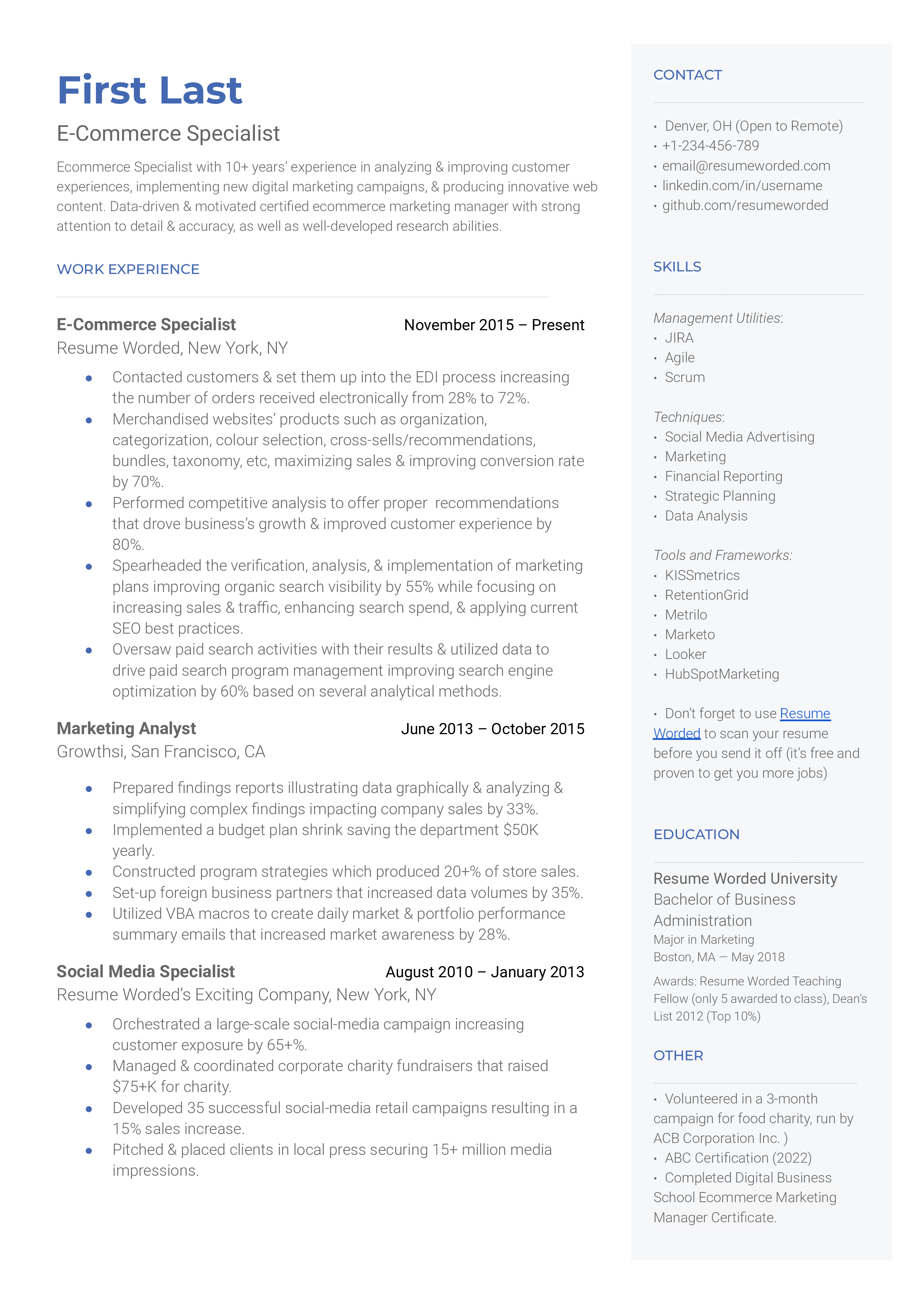 E-Commerce Specialist Resume Sample