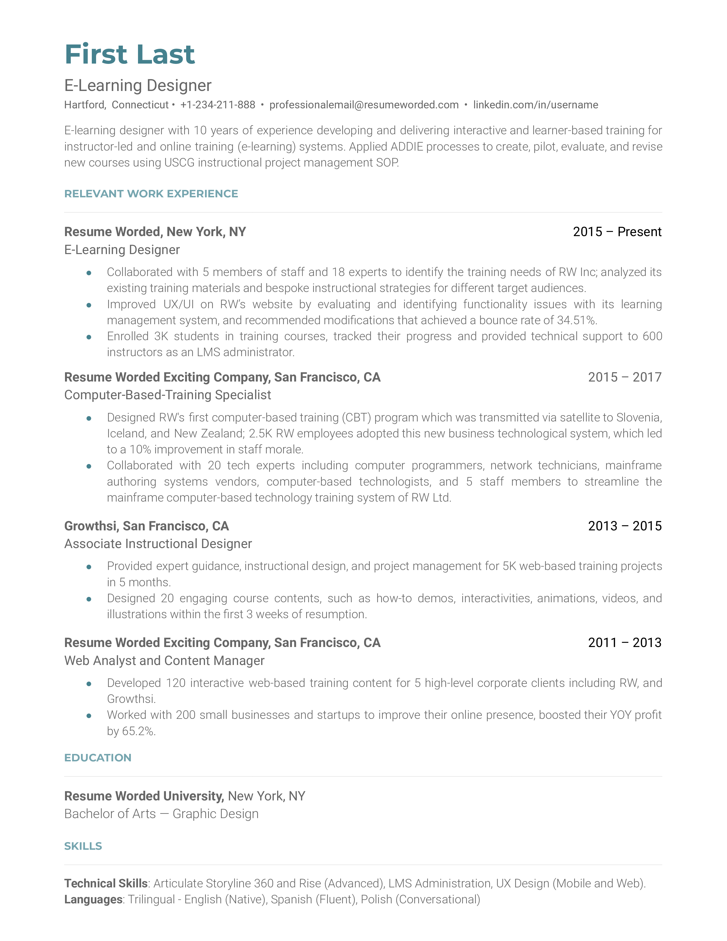 E-Learning Designer  Resume Sample