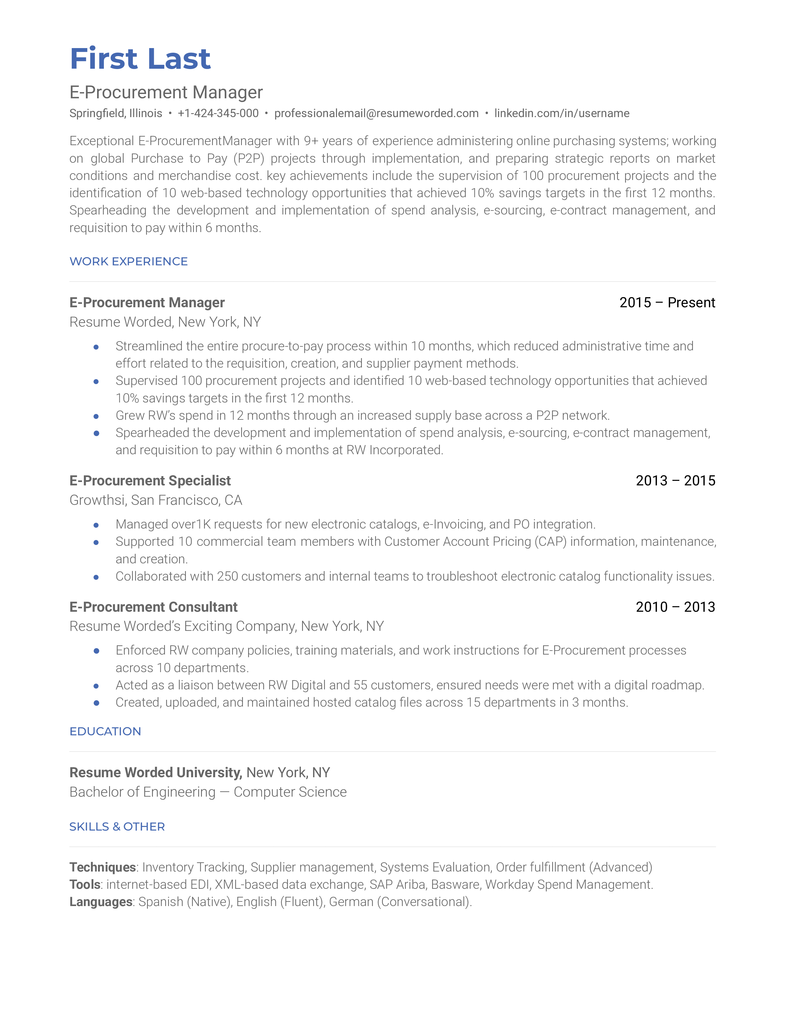 E-procurement manager sample resume that shows IT experience and managerial skills